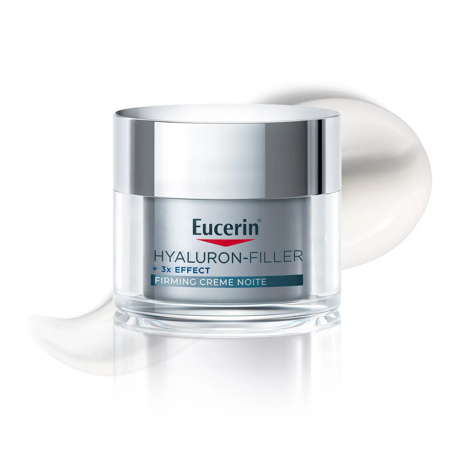 Pote de creme facial branco com tampa prateada da marca Eucerin, com textura lisa e brilhante, aparentando ser um produto cremoso e de consistência média.