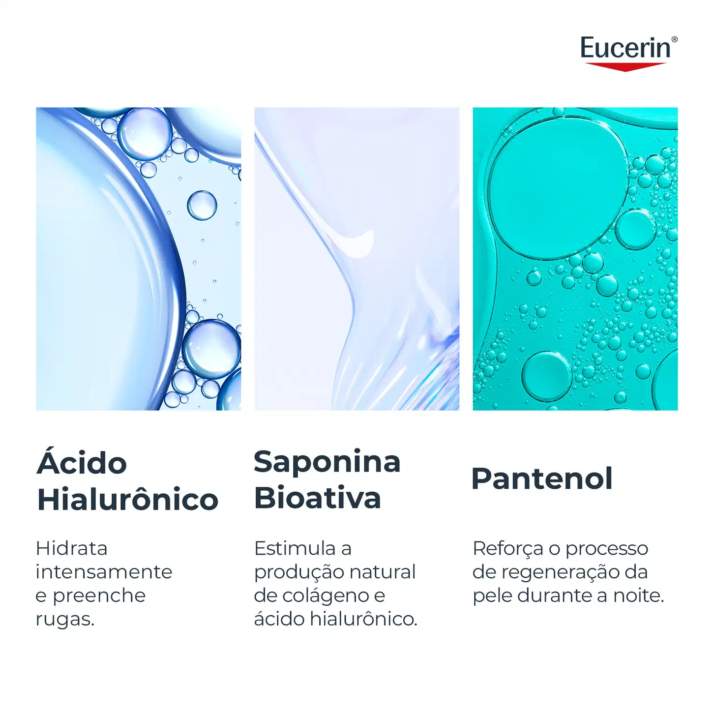 ingredientes de cuidados para a pele da marca Eucerin: ácido hialurônico que hidrata intensamente e preenche rugas, saponina bioativa que estimula a produção de colágeno e ácido hialurônico, e pantenol que reforça o a regeneração da pele durante a noite.