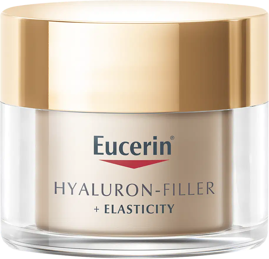 Frasco de creme facial da marca Eucerin, com tampa dourada e rótulo em branco e azul, contendo a inscrição "Hyaluron-Filler + Elasticity".
