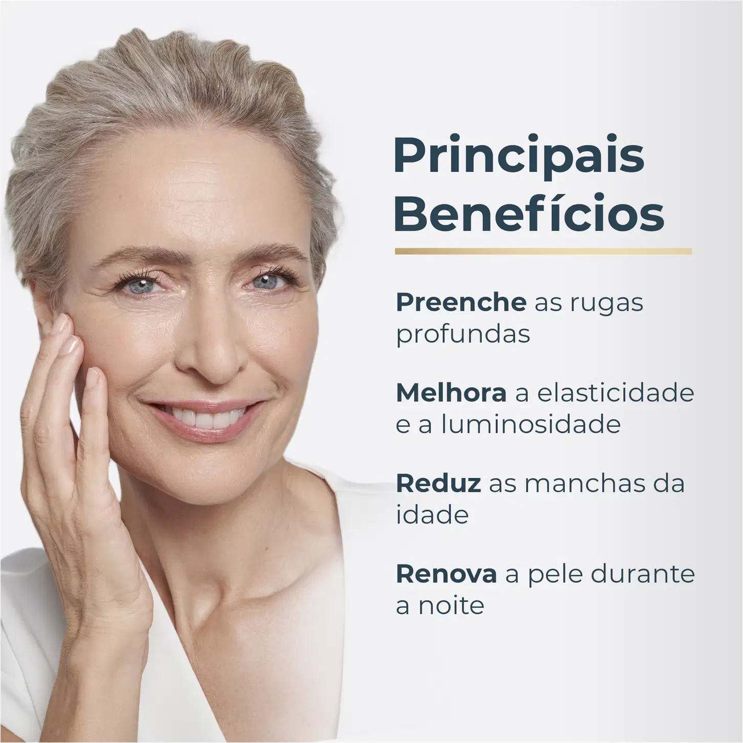 Mulher sorridente com cabelos grisalhos, com texto "Principais Benefícios" listando melhorias na elasticidade, luminosidade, redução de manchas e renovação da pele durante a noite.