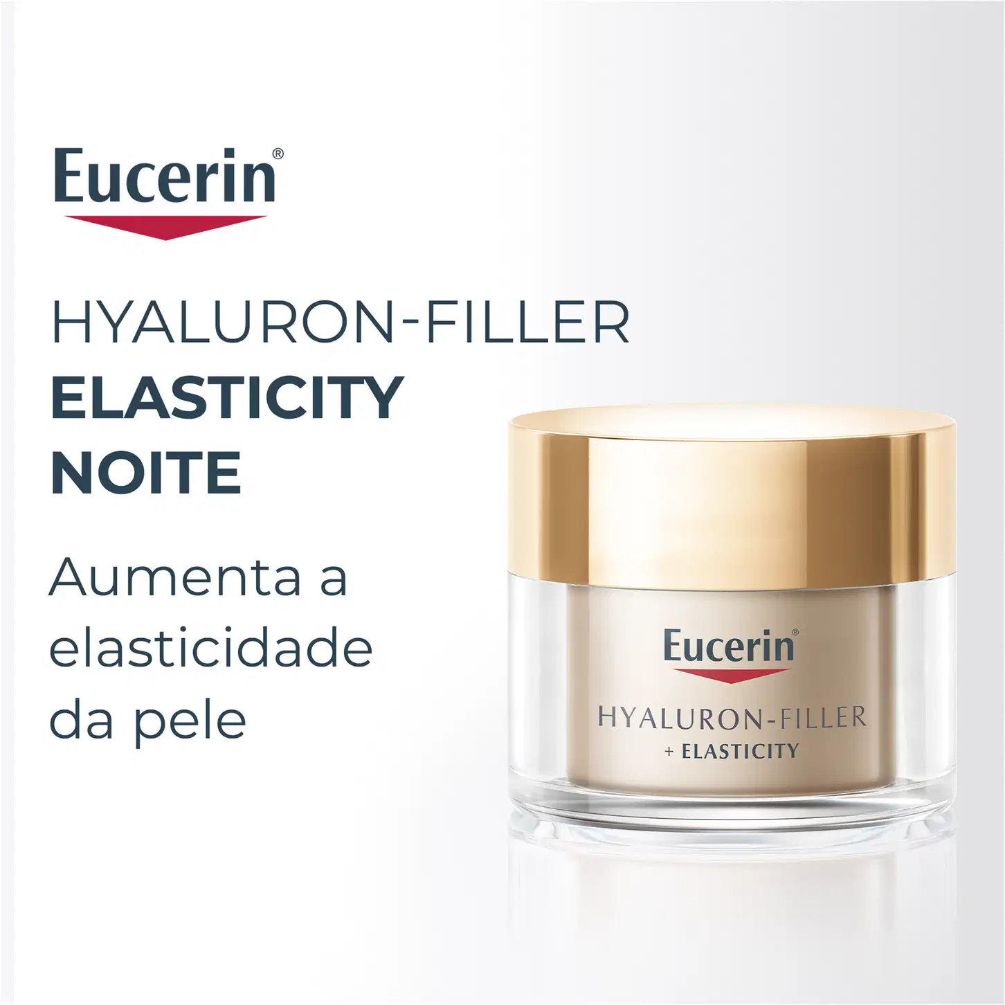 Pote de creme facial da marca Eucerin com textura cremosa e acabamento brilhante, em embalagem de vidro com tampa dourada, sobre superfície clara.