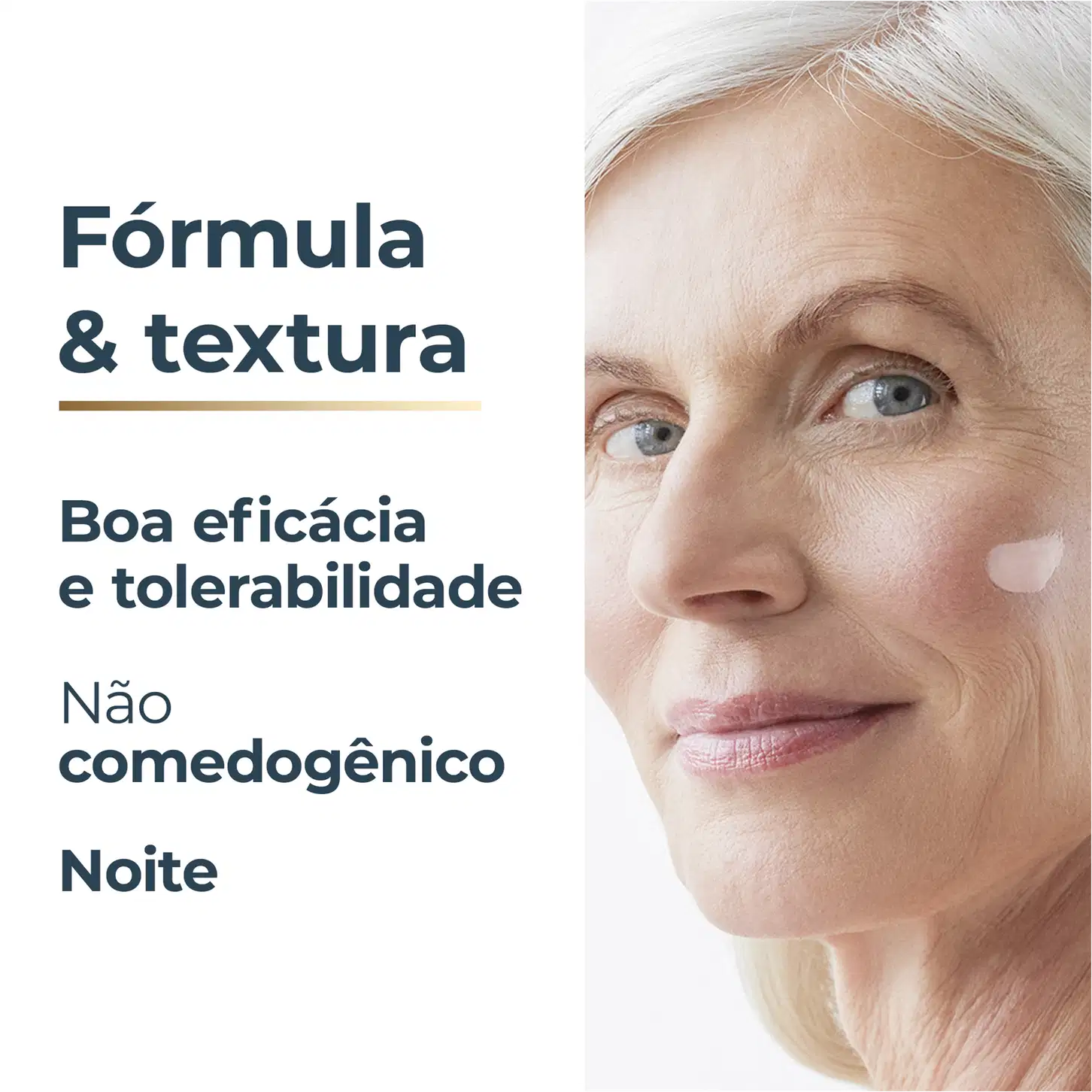 Embalagem de item de perfumaria com texto "Fórmula & textura", "Boa eficácia e tolerabilidade", "Não comedogênico" e "Noite". Embalagem com design minimalista em tons de cinza e branco.