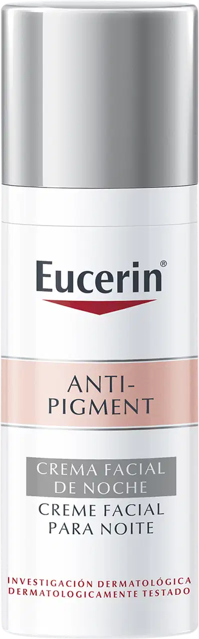 Frasco de creme facial noturno da linha Anti-Pigment da Eucerin, com embalagem branca e prata, contendo informações sobre o produto em inglês e espanhol.