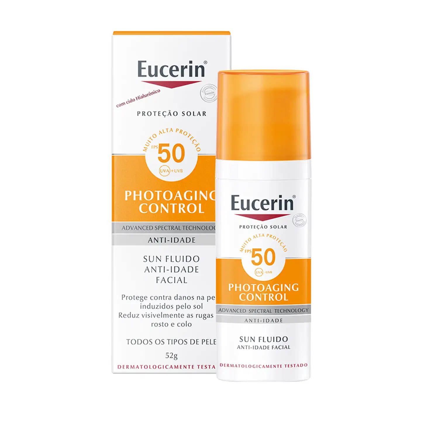 Caixa e frasco de protetor solar Eucerin Photoaging Control com FPS 50, embalagem branca e laranja, destacando a tecnologia avançada de espectro e propriedades anti-idade.