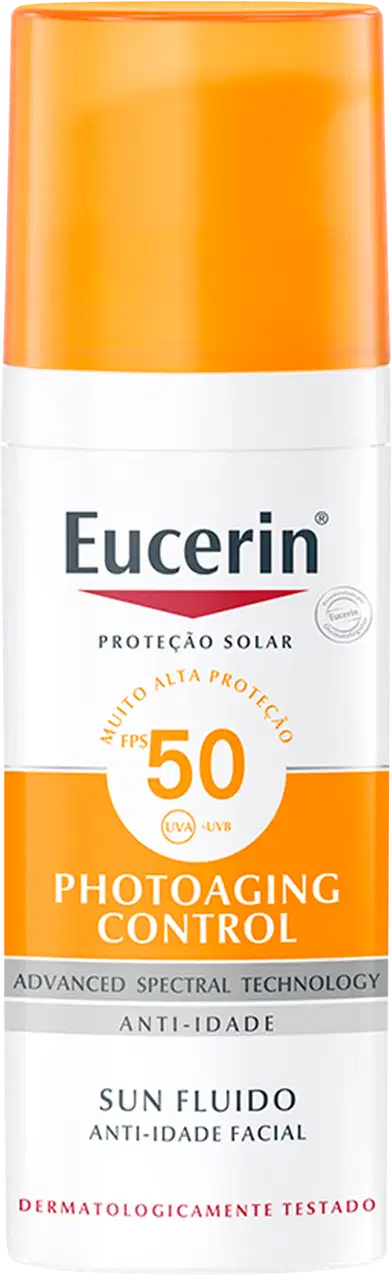 Frasco de protetor solar facial Eucerin Photoaging Control com FPS 50, embalagem laranja e branca, com texto destacando a tecnologia avançada de espectro e propriedades anti-idade.