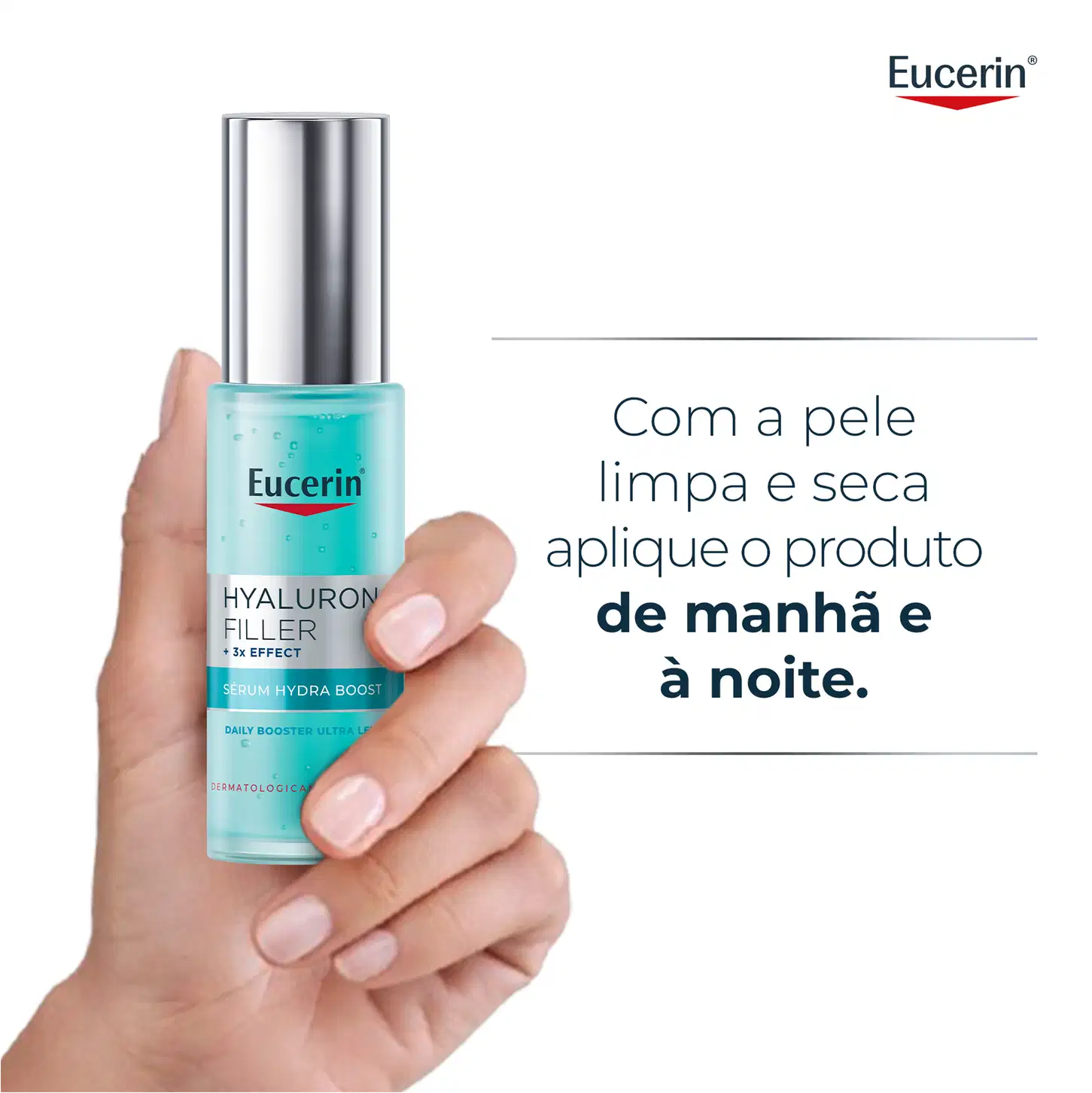 Frasco de vidro com tampa de metal contendo produto da marca Eucerin, com texto "Hyaluron Filler + 3x Effect" e "Serum Hydra Boost" visíveis, em tonalidade azul clara.