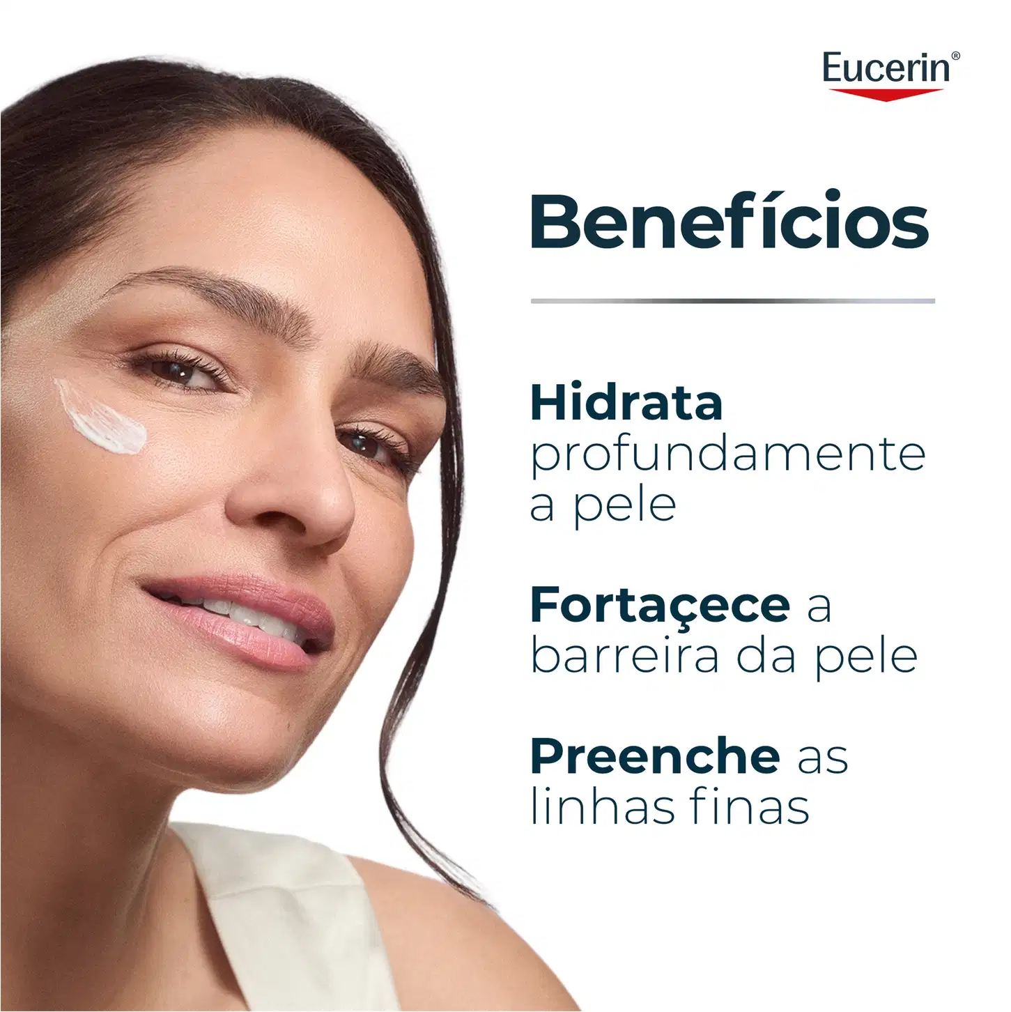 Imagem de produto de cuidados para pele da marca Eucerin, com texto "Benefícios: Hidrata profundamente a pele, Fortalece a barreira da pele, Preenche as linhas finas".