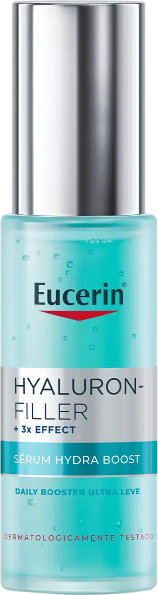 Frasco de sérum hidratante da marca Eucerin, com rótulo em azul claro e texto "Hyaluron-Filler + 3x Effect Serum Hydra Boost" em branco.