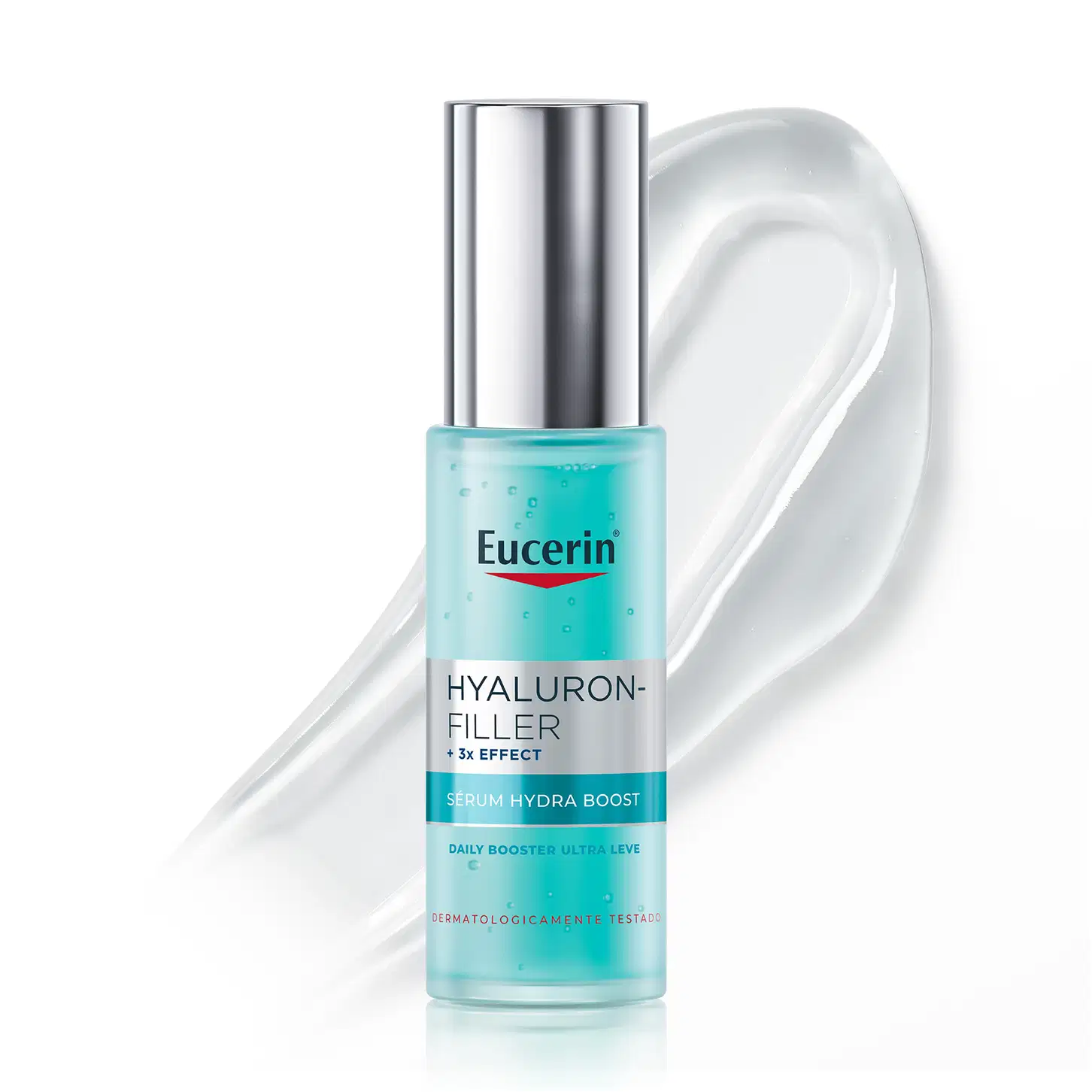 Frasco de item de perfumaria da marca Eucerin com textura líquida, transparente e brilhante, com bolhas e espuma, sobre superfície branca.