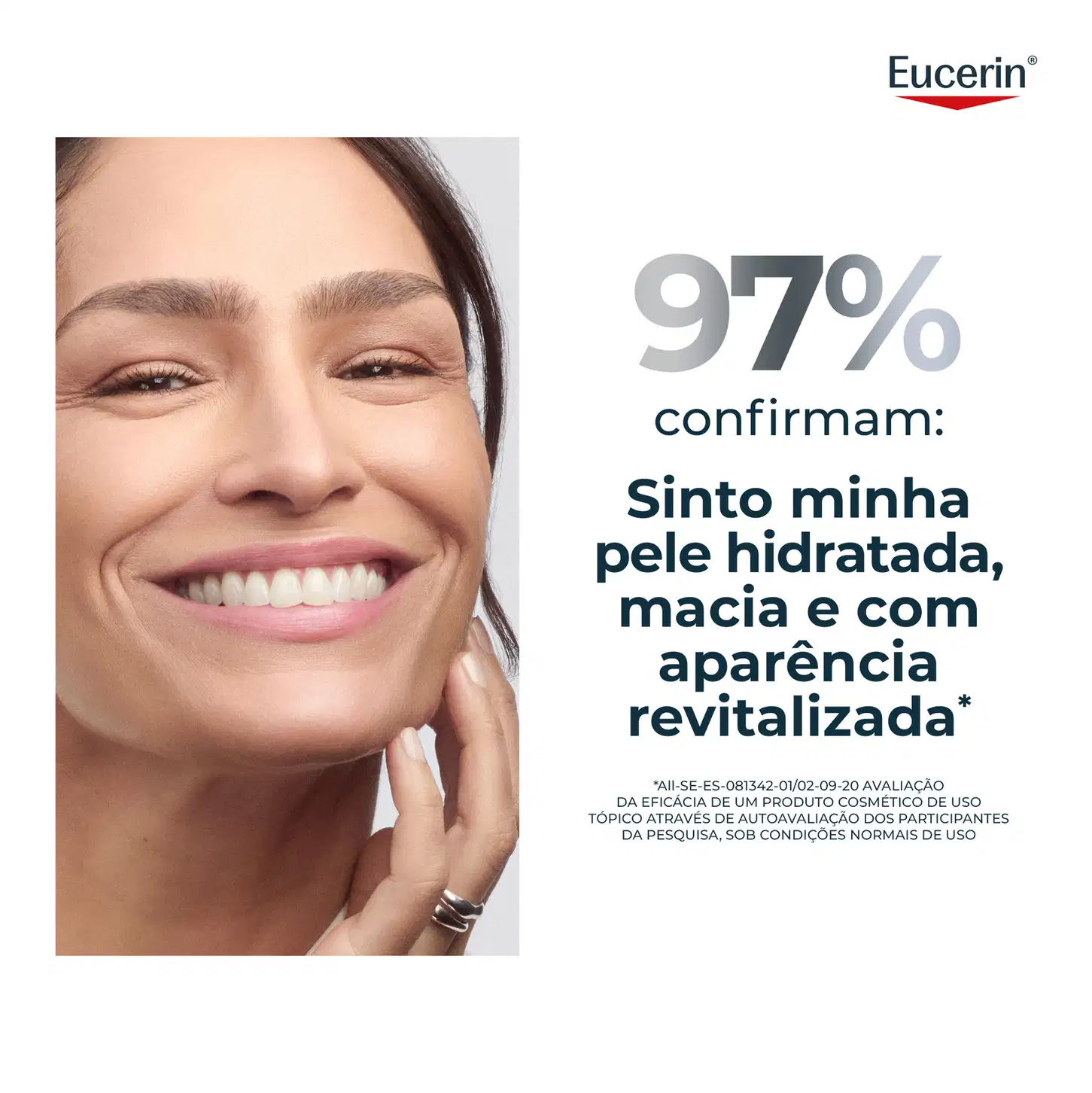 Imagem de uma mulher sorrindo, com texto "97% confirmam: Sinto minha pele hidratada, macia e com aparência revitalizada" e logotipo da marca Eucerin.