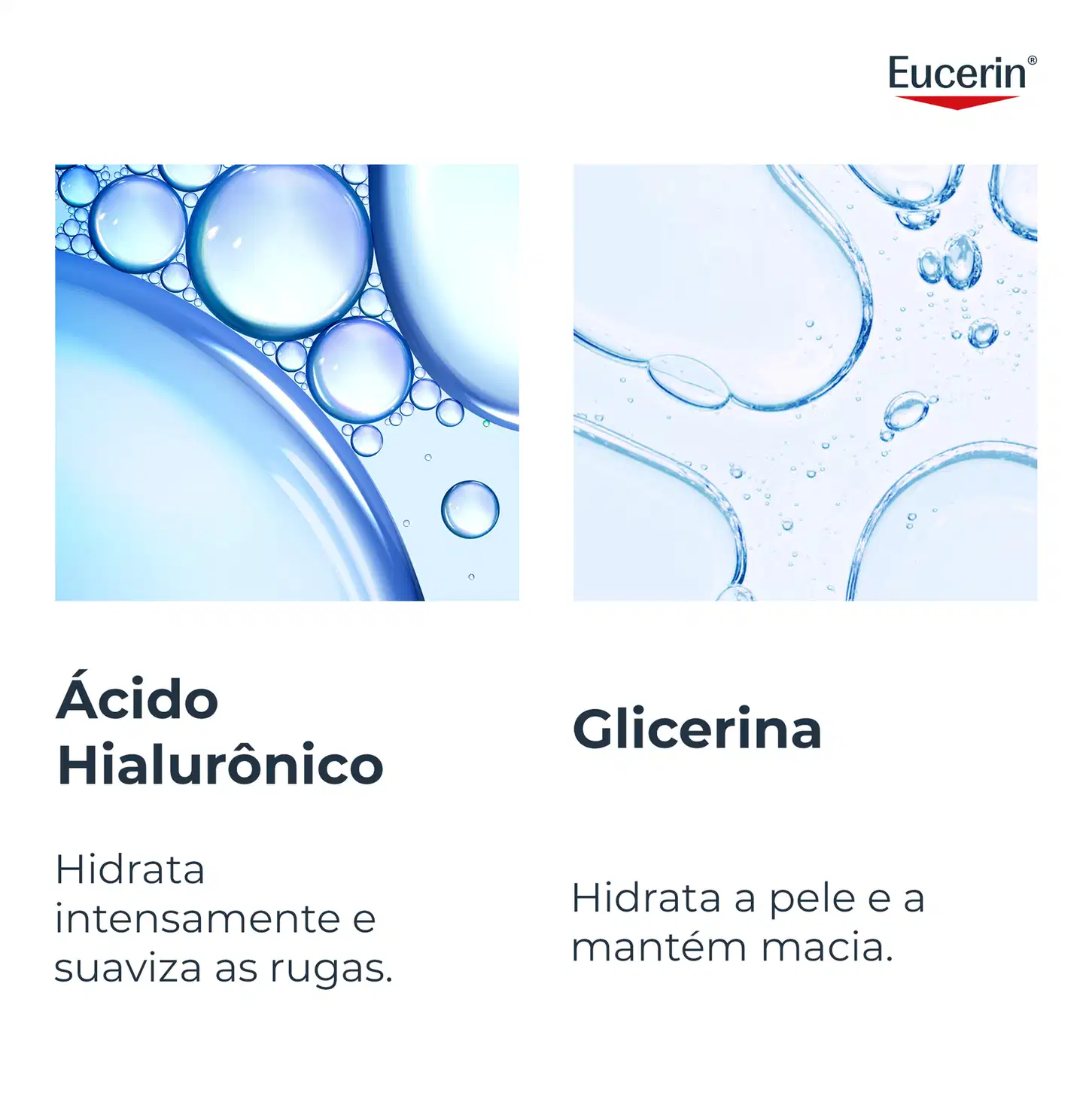 Imagem com bolhas e gotas de água azuladas, com os textos "Ácido Hialurônico" e "Glicerina". O texto indica que o Ácido Hialurônico hidrata intensamente e suaviza as rugas, enquanto a Glicerina hidrata a pele e a mantém macia.