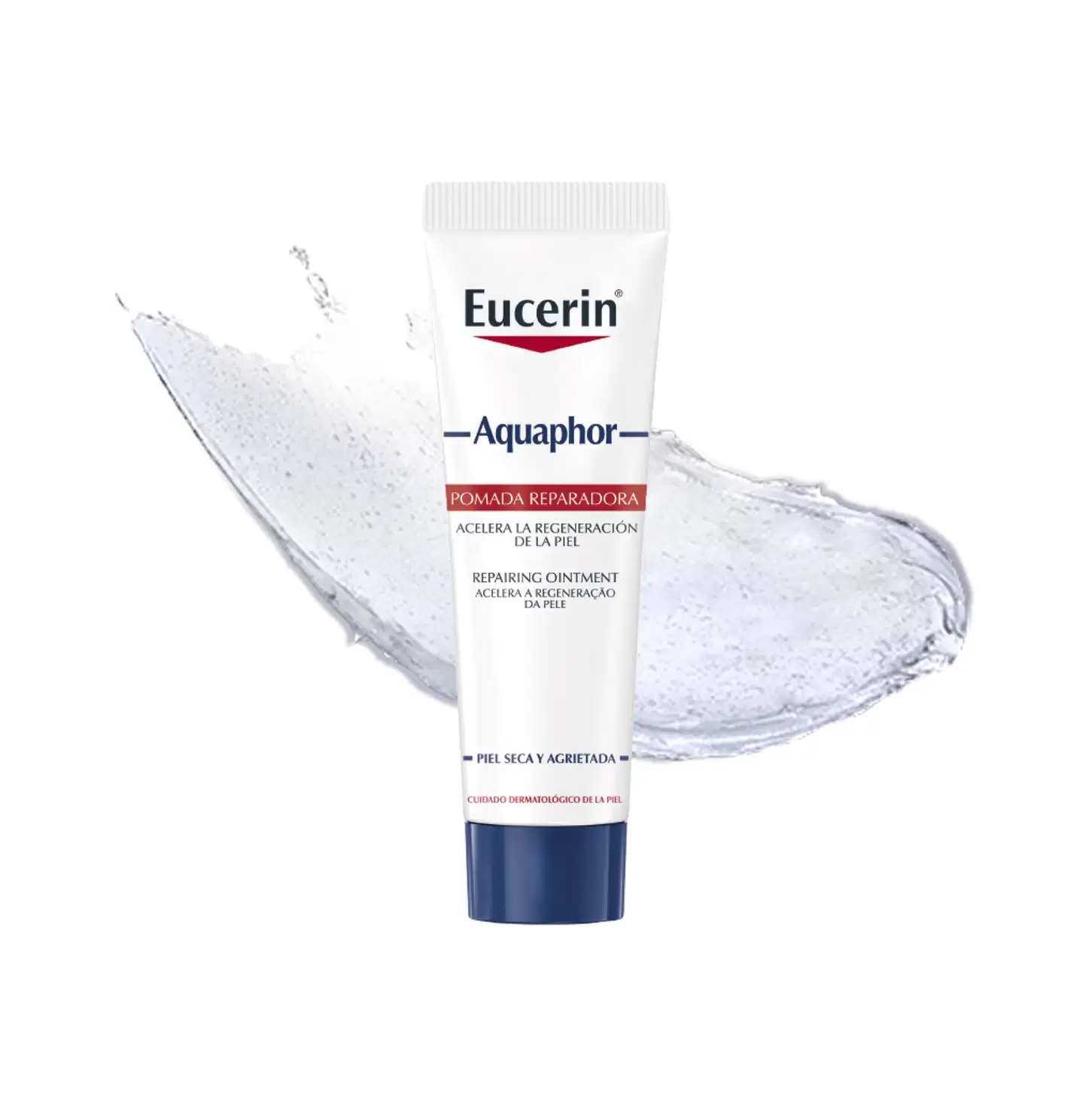Tubo branco com logotipo da marca Eucerin contendo pomada reparadora com textura cremosa e brilhante, sobre fundo com respingos de água.