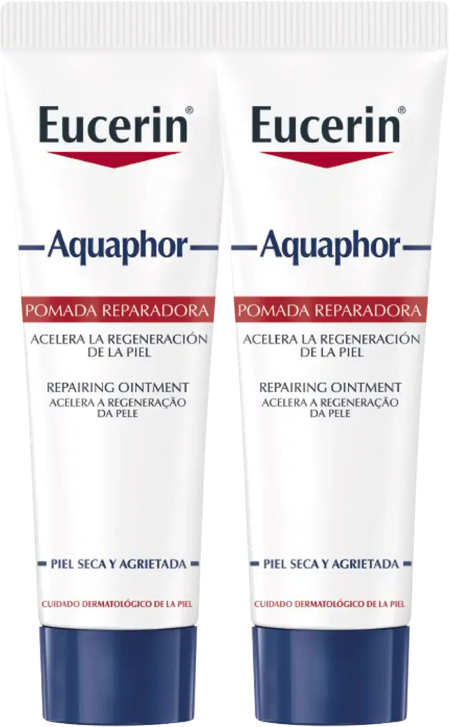 Dois tubos brancos da marca Eucerin contendo pomada reparadora Aquaphor, com rótulos azuis e vermelhos, para cuidados com pele seca e agredida.