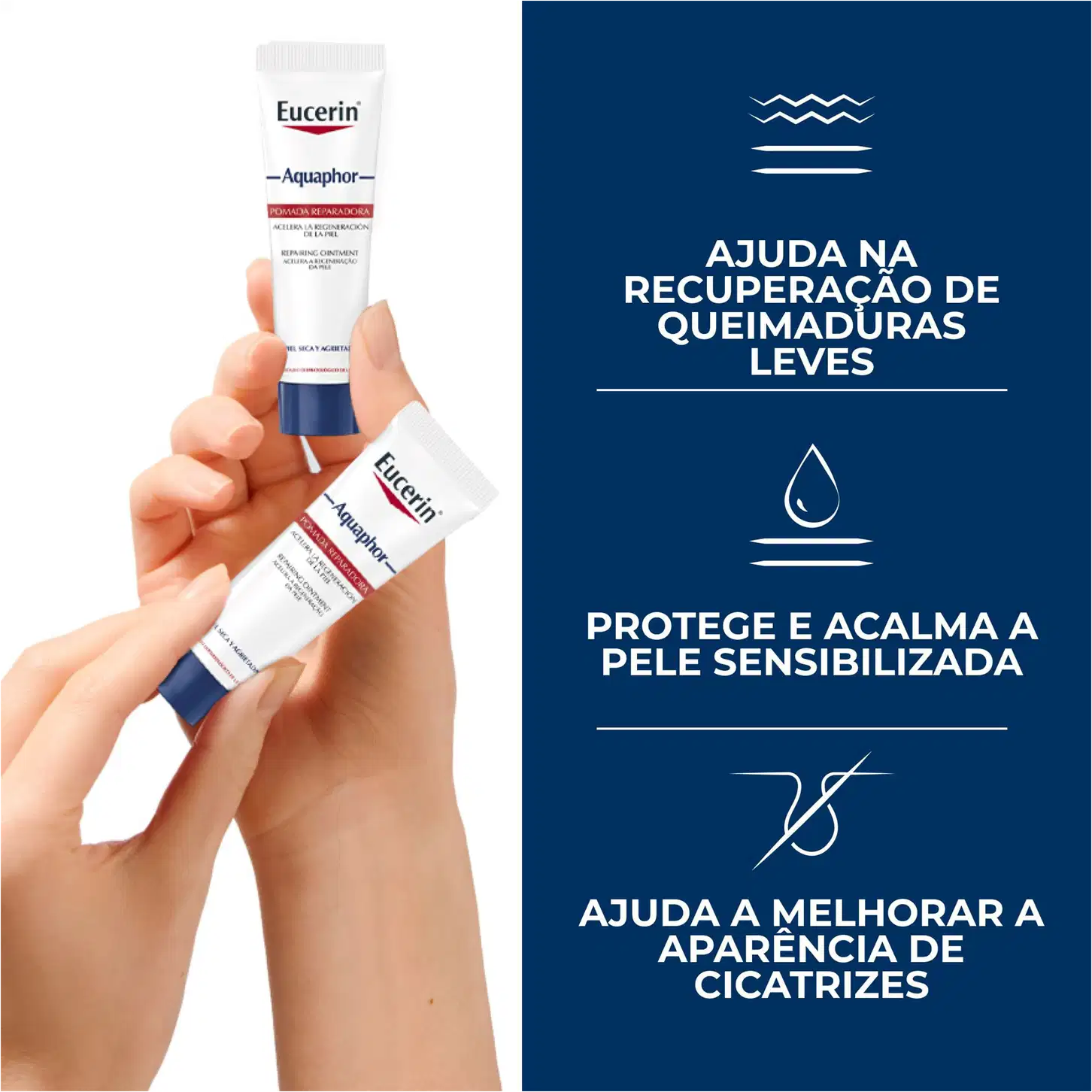 Embalagem de creme Eucerin Aquaphor para recuperação de queimaduras leves, com texto "Ajuda na recuperação de queimaduras leves" e "Protege e acalma a pele sensibilizada".