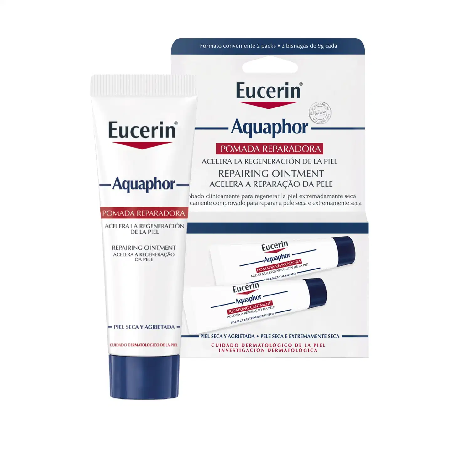 Conjunto de 2 bisnagas de pomada reparadora Eucerin Aquaphor, com embalagem azul e branca, que acelera a regeneração da pele seca e extremamente seca.