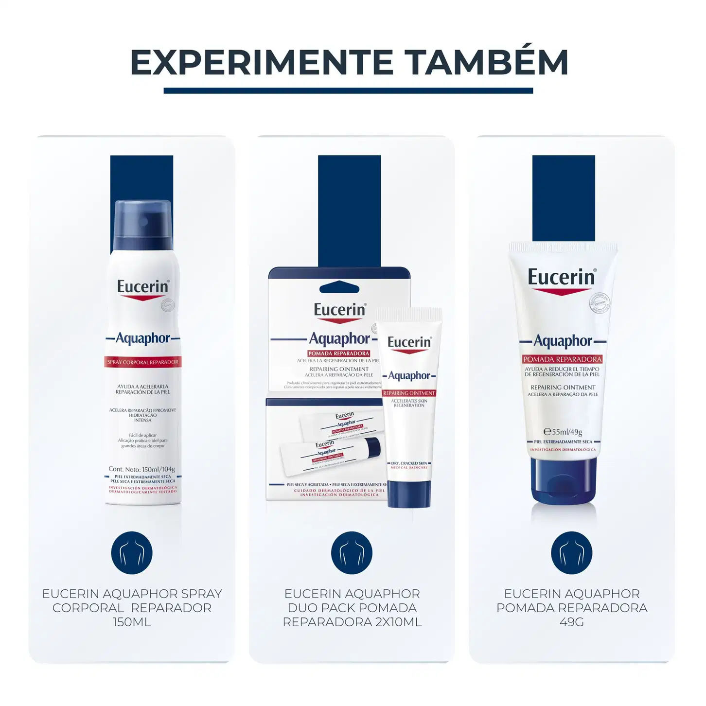 Três produtos da marca Eucerin Aquaphor: spray corporal reparador, duo pack de pomada reparadora e pomada reparadora em embalagem de 49g, com informações sobre os benefícios e características de cada item.