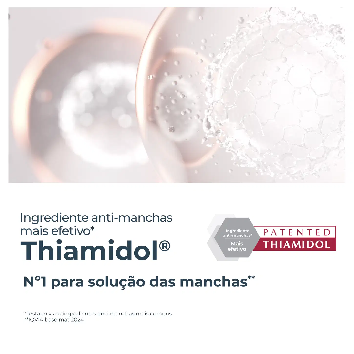 Embalagem de produto de perfumaria com ingrediente anti-manchas patenteado chamado Thiamidol, apresentado como solução efetiva para manchas na pele.