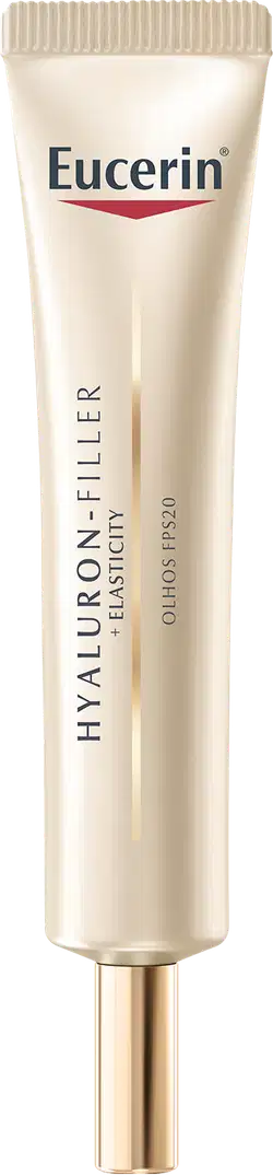 Bisnaga de item de perfumaria da marca Eucerin, com rótulo em tons de azul e vermelho, contendo texto "Hyaluron-Filler" e "Olhos Pró".