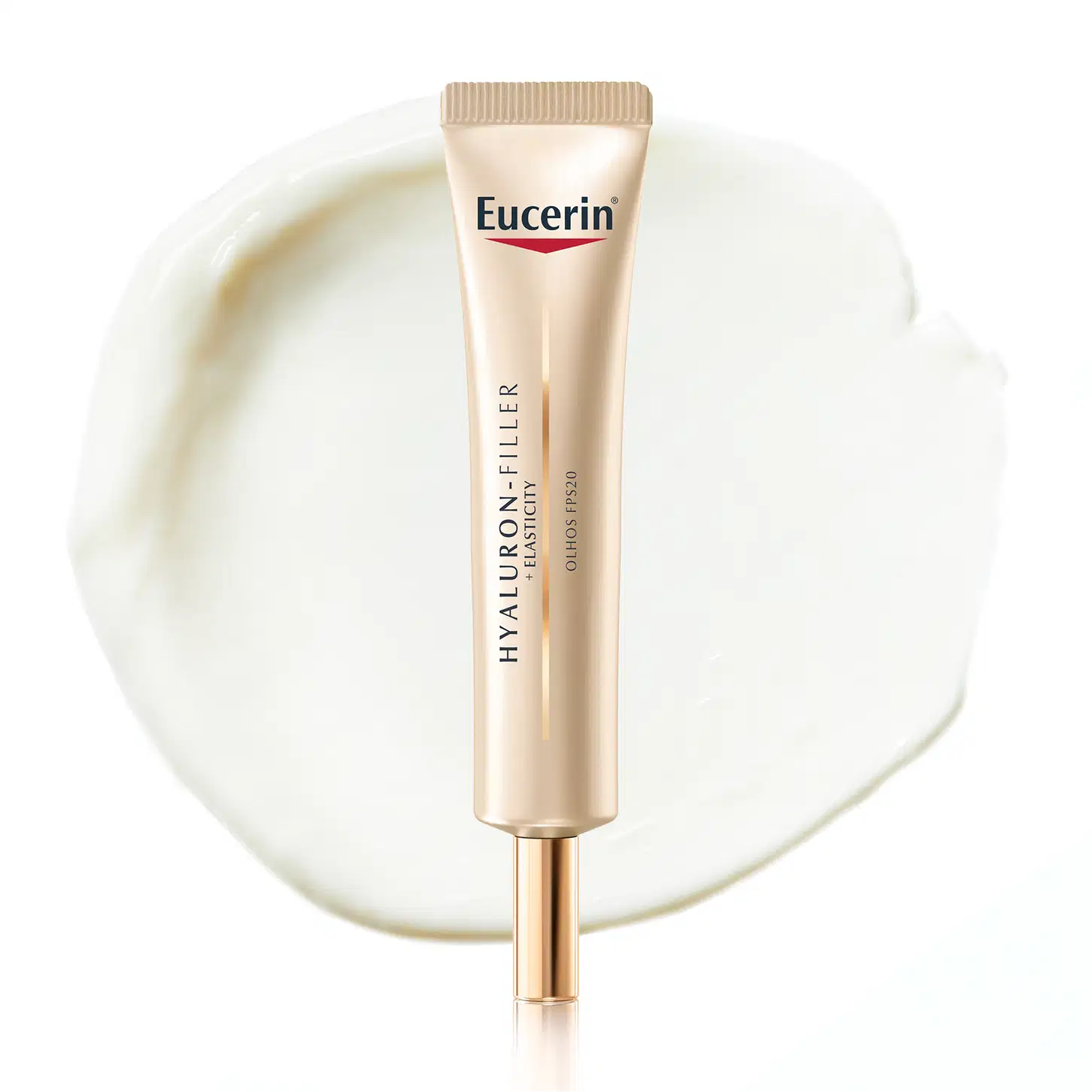Tubo de item de perfumaria da marca Eucerin com textura cremosa, brilhante e translúcida, posicionado sobre superfície branca.