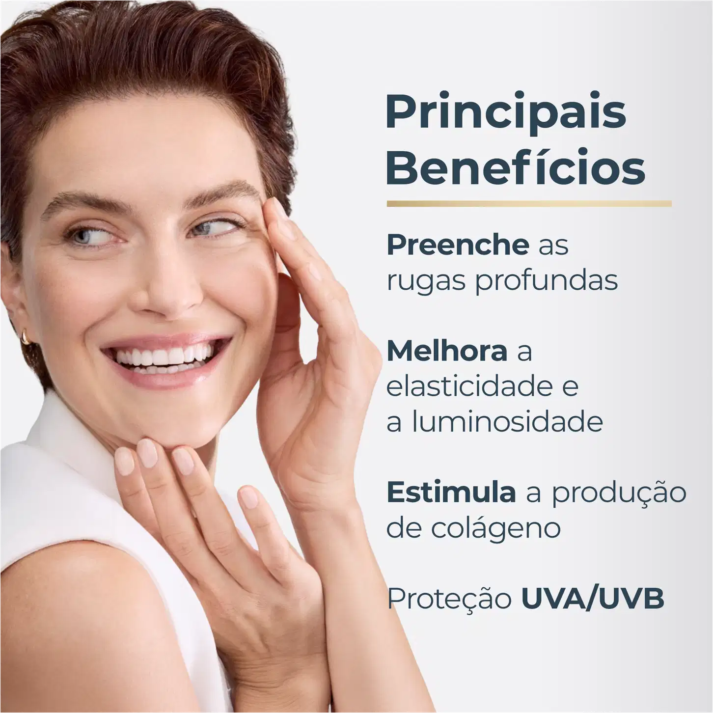 Mulher sorridente com pele radiante, texto "Principais Benefícios: Preenche as rugas profundas, Melhora a elasticidade e a luminosidade, Estimula a produção de colágeno, Proteção UVA/UVB".