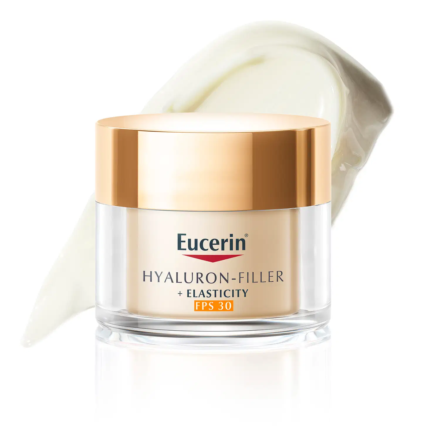 Pote de creme facial branco com tampa dourada da marca Eucerin, contendo textura cremosa e brilhante, com superfície lisa e refletiva.
