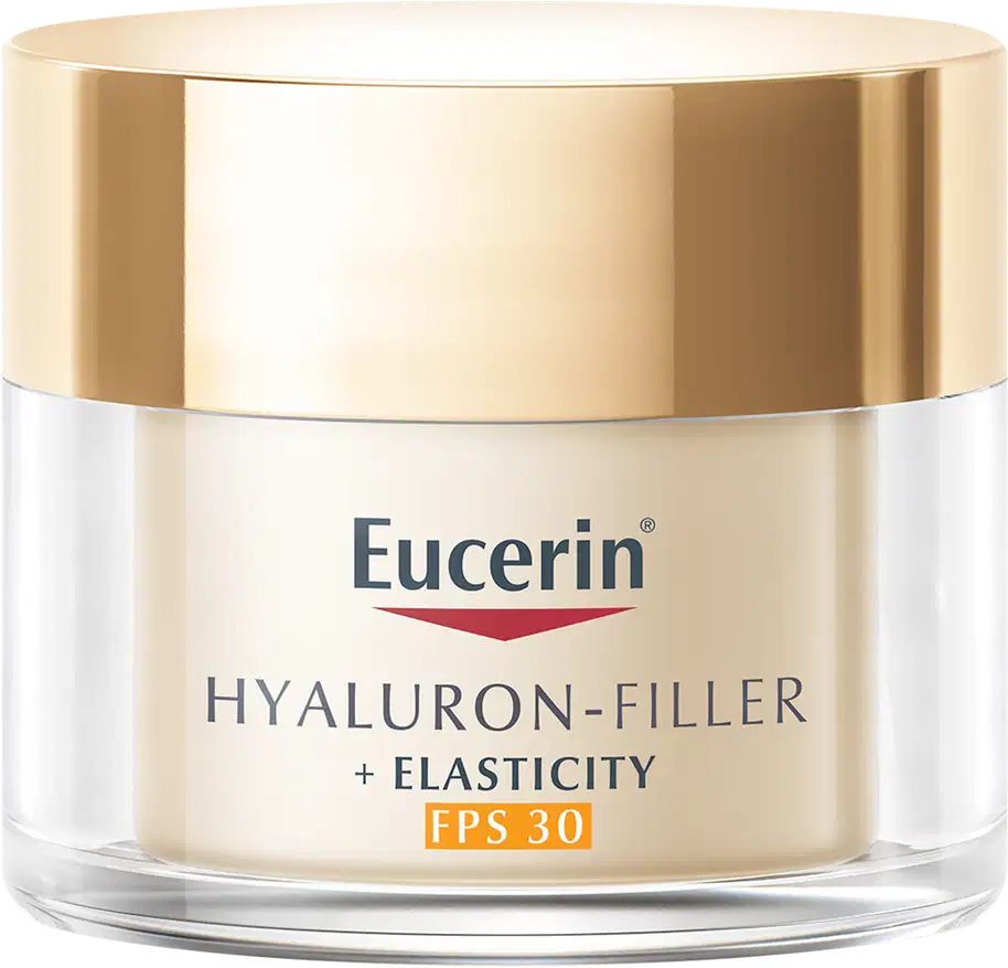 Frasco de creme facial da marca Eucerin, com tampa dourada e rótulo branco, contendo informações sobre o produto "Hyaluron-Filler + Elasticity FPS 30".