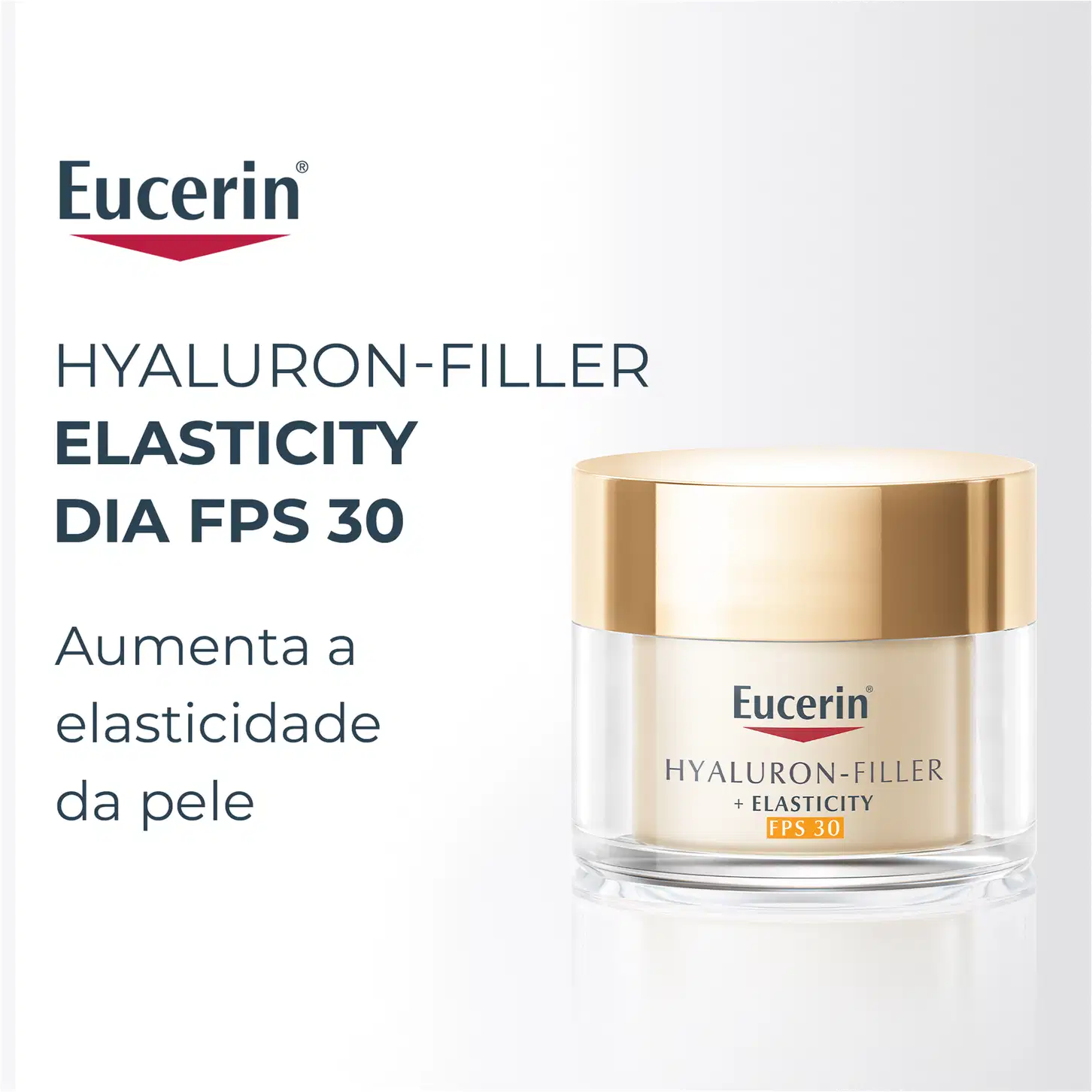 Embalagem de item de perfumaria da marca Eucerin, com texto "Hyaluron-Filler Elasticity DIA FPS 30" e imagem do produto, um pote de creme branco com tampa dourada.