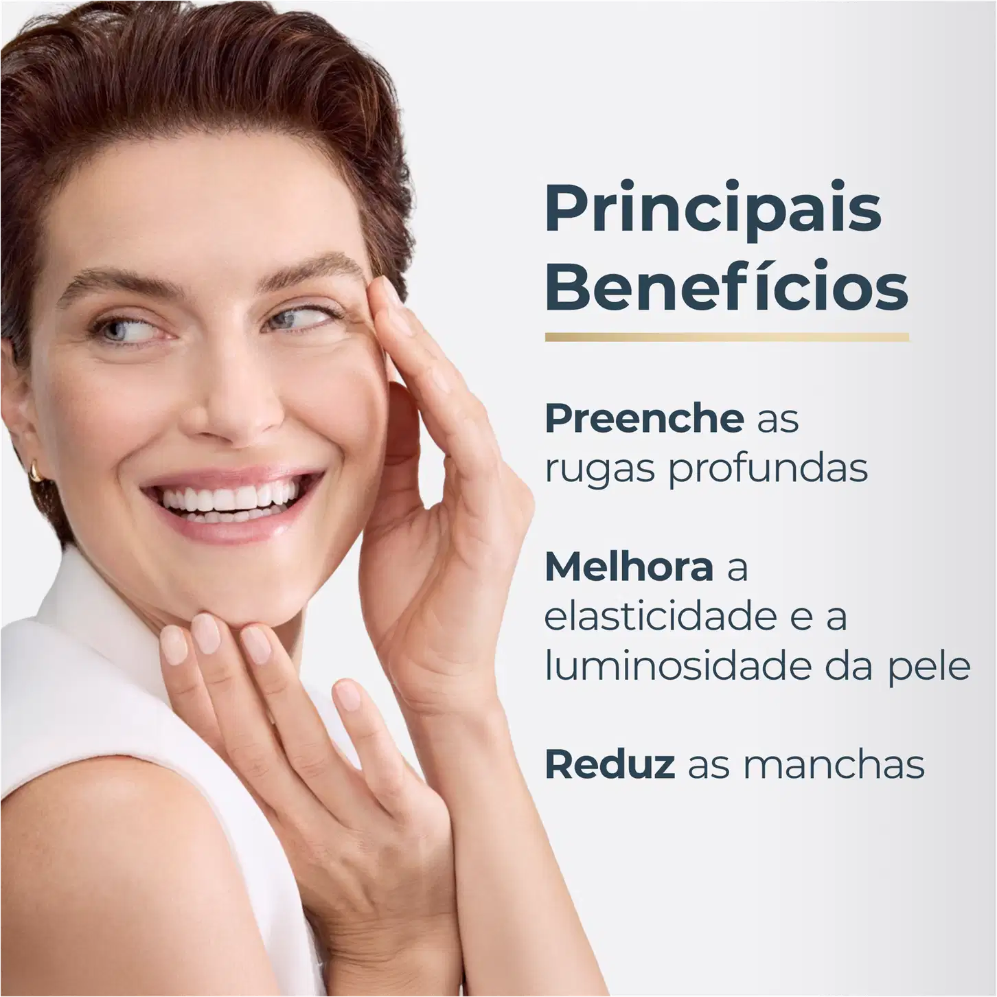 Uma mulher sorridente com cabelos castanhos e pele clara, com texto "Principais Benefícios" listando melhorias na elasticidade, luminosidade e redução de manchas da pele.