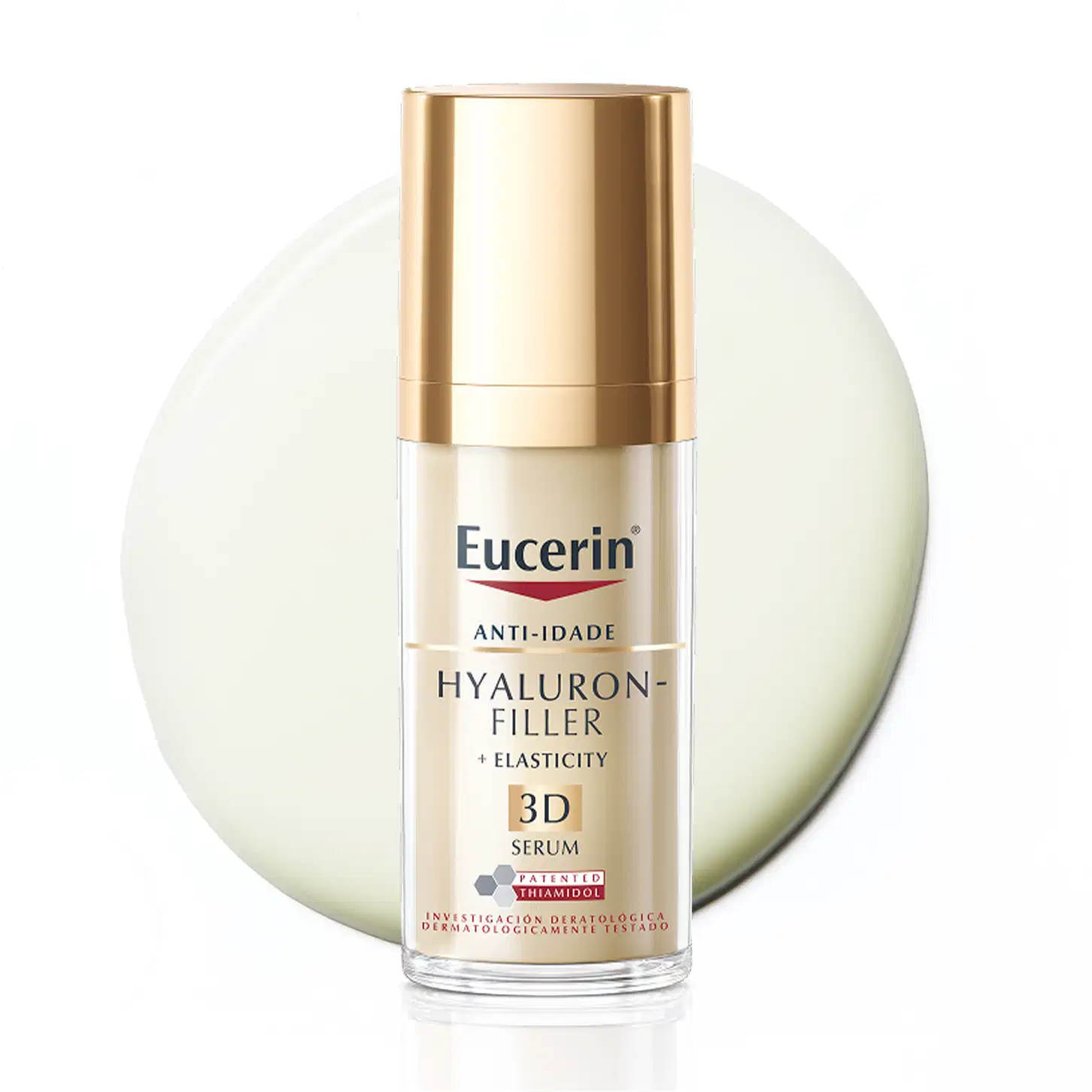 Frasco dourado de item de perfumaria Eucerin com textura lisa, brilhante e transparente, contendo um soro líquido claro em fundo branco.