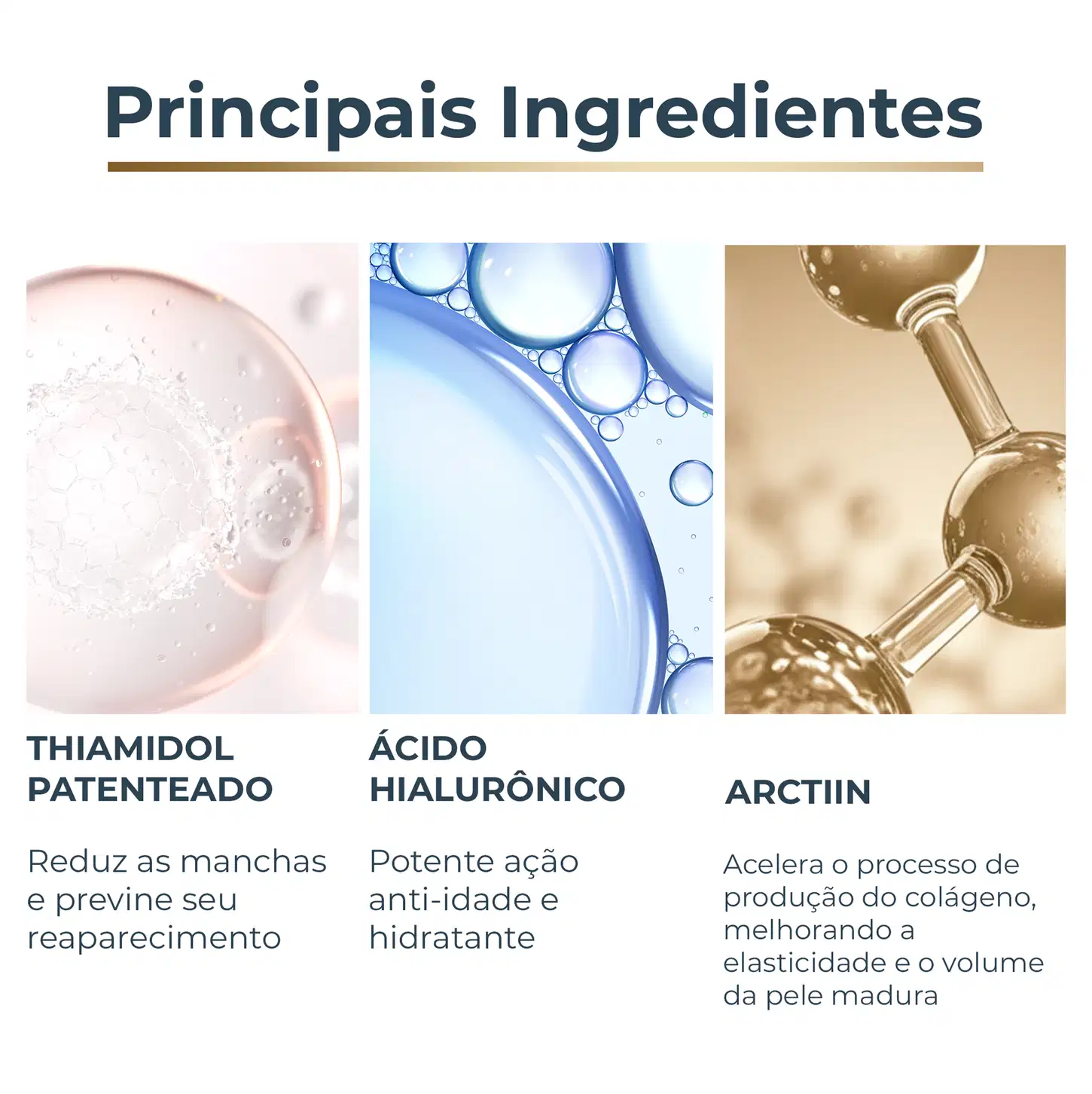 Imagem mostrando os principais ingredientes de um produto de cuidados para a pele: Thiamidol patenteado, ácido hialurônico e Arctiin, que reduzem manchas, hidratam e melhoram a elasticidade da pele madura.