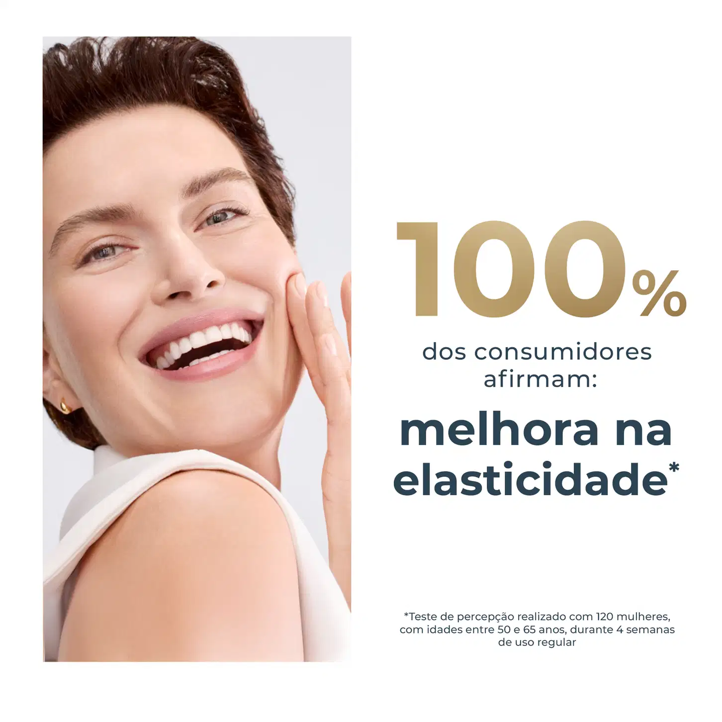 Uma mulher sorridente. O texto afirma que 100% dos consumidores afirmam que o produto melhora a elasticidade da pele, com base em um teste realizado com 120 mulheres entre 50 e 65 anos durante 4 semanas.