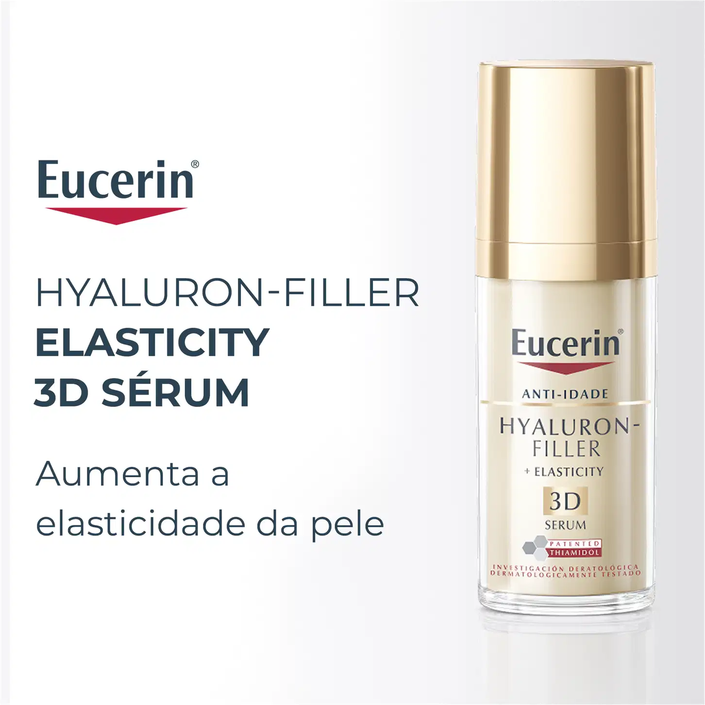 Frasco de sérum facial da marca Eucerin, com rótulo indicando "Hyaluron-Filler Elasticity 3D Serum" e "Aumenta a elasticidade da pele".