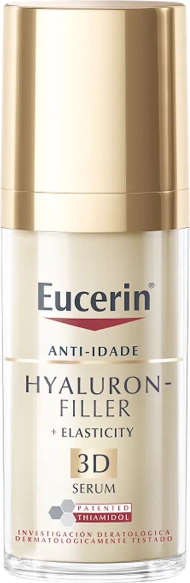 Frasco de vidro dourado com rótulo branco e vermelho da marca Eucerin, contendo um soro antienvelhecimento com ácido hialurônico e elasticidade, indicado para tratamento da pele.