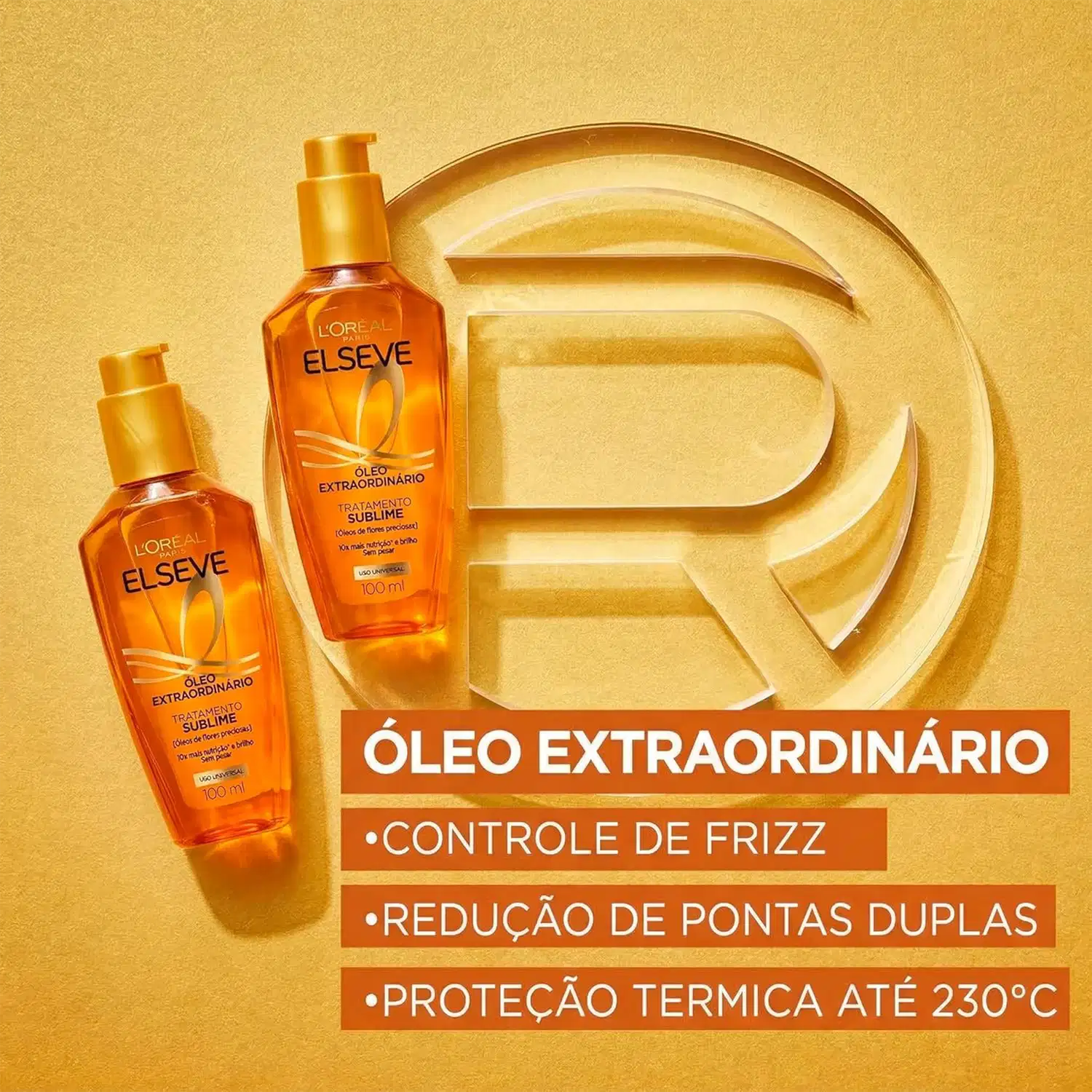 Óleo extraordinário. Controle de frizz. Redução de pontas duplas. Proteção térmica até 230°C.