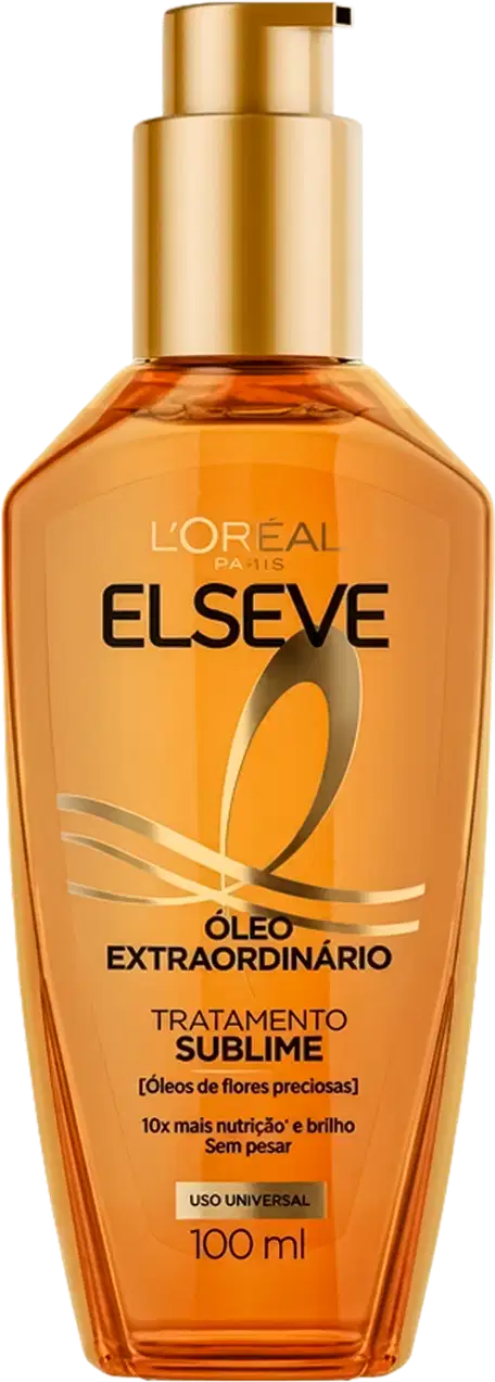 Frasco de óleo capilar da marca L'Oréal Elseve, com embalagem em tom laranja e dourado. 