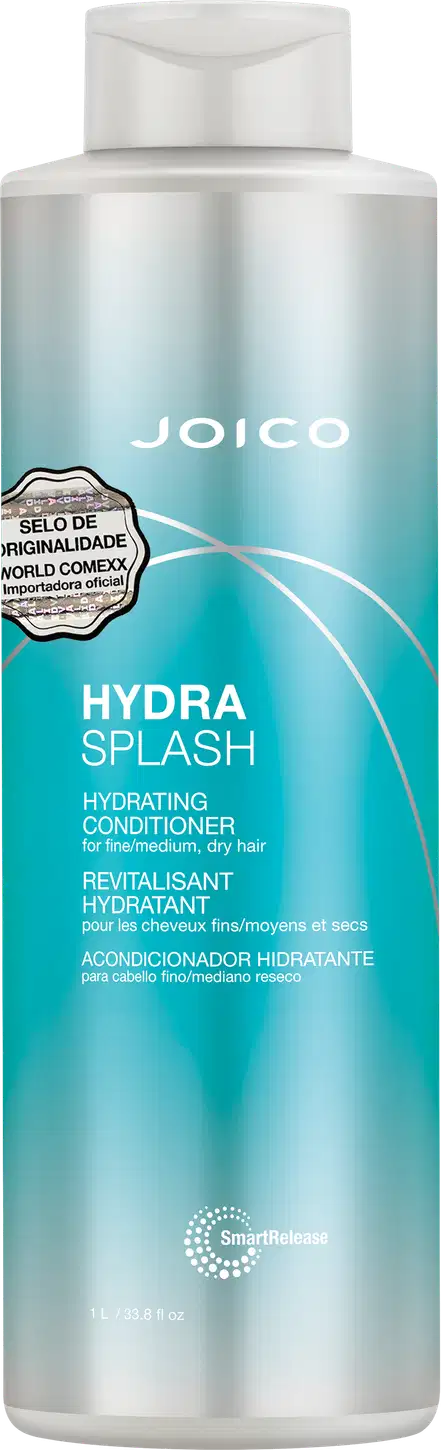 Frasco de condicionador hidratante da marca Joico, com textura fluida e tonalidade azul degradê, rotulado como "Hydra Splash Hydrating Conditioner" para cabelos finos a médios.