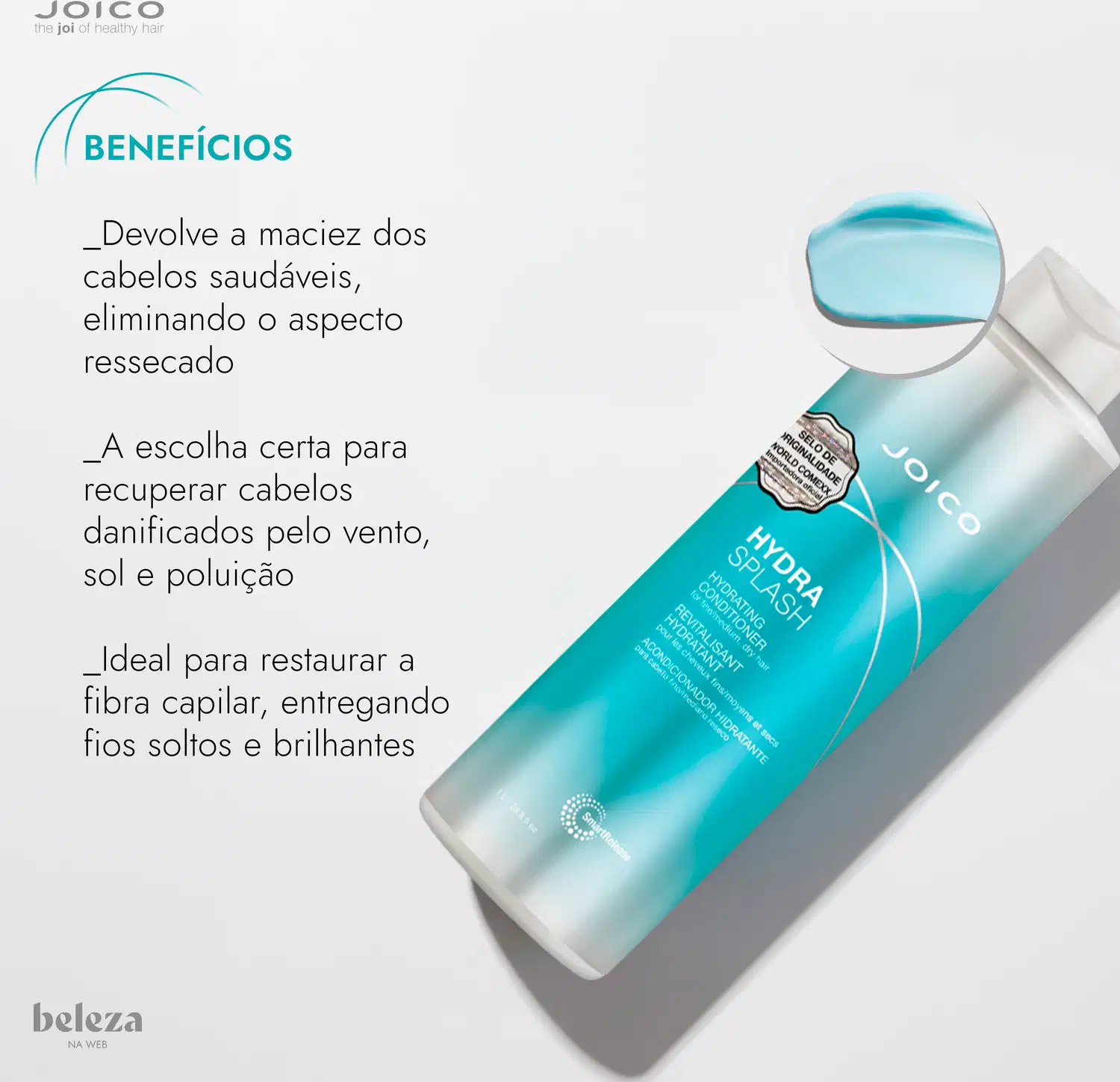 Frasco de condicionador hidratante da marca Joico. Devolve a maciez dos cabelos saudáveis; A escolha certa para recuperar cabelos danificados pelo vento, sol e poluição; Ideal para restaurar a fibra capilar, entregando fios soltos e brilhantes.