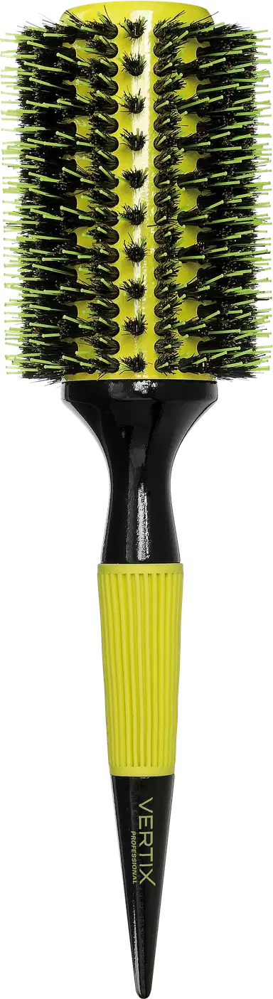 Escova de cabelo redonda preta e amarela com cerdas verdes, com o nome "VERITX" impresso no cabo. O produto parece ser uma escova de cabelo com design moderno e cores contrastantes.