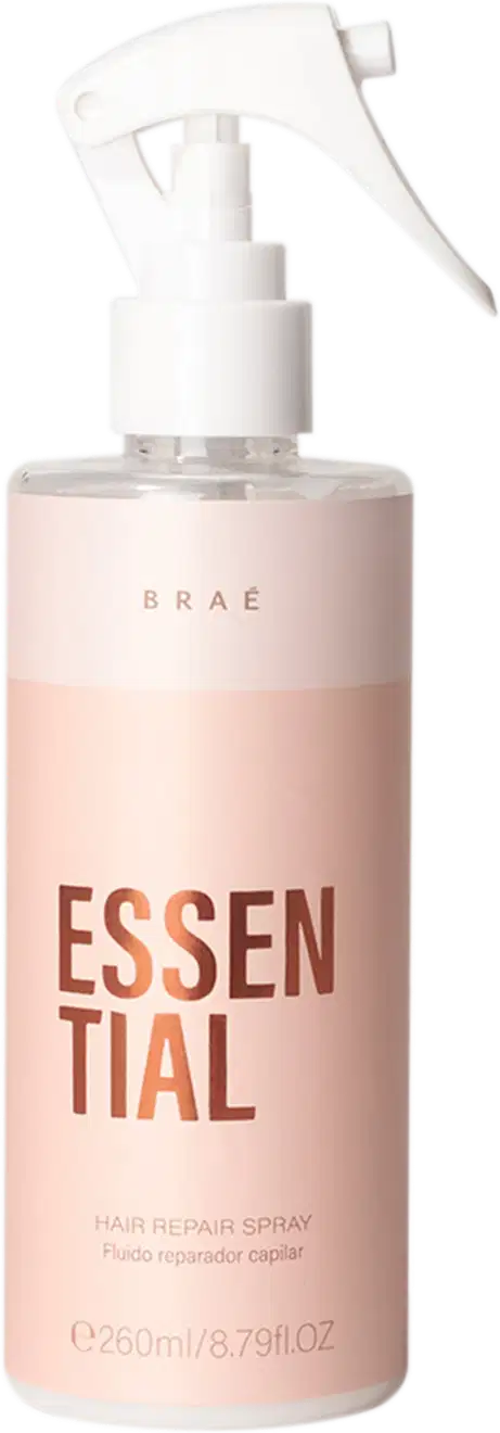 Frasco de spray branco e rosa com rótulo "ESSENTIAL" em letras grandes, contendo fluido reparador capilar da marca Braé.