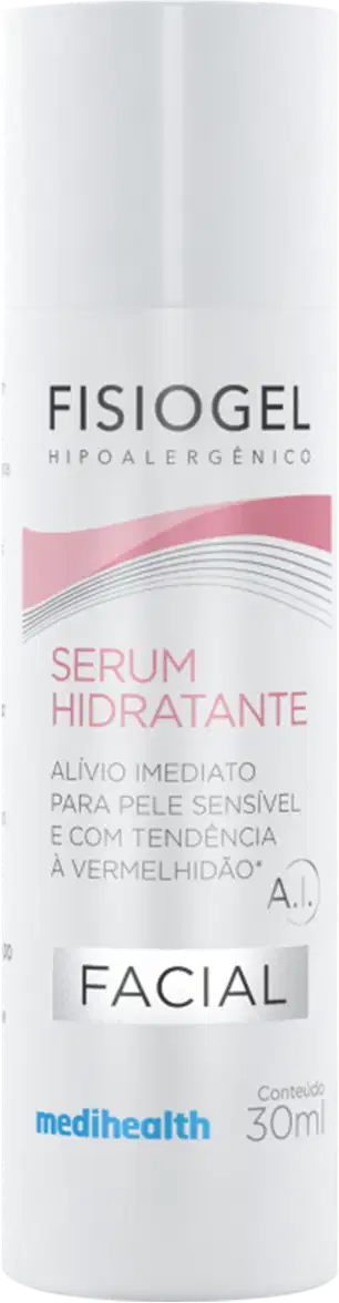 Frasco branco cilíndrico com rótulo rosa e branco contendo "FISIOGEL Serum Hidratante Facial" com 30ml de conteúdo.