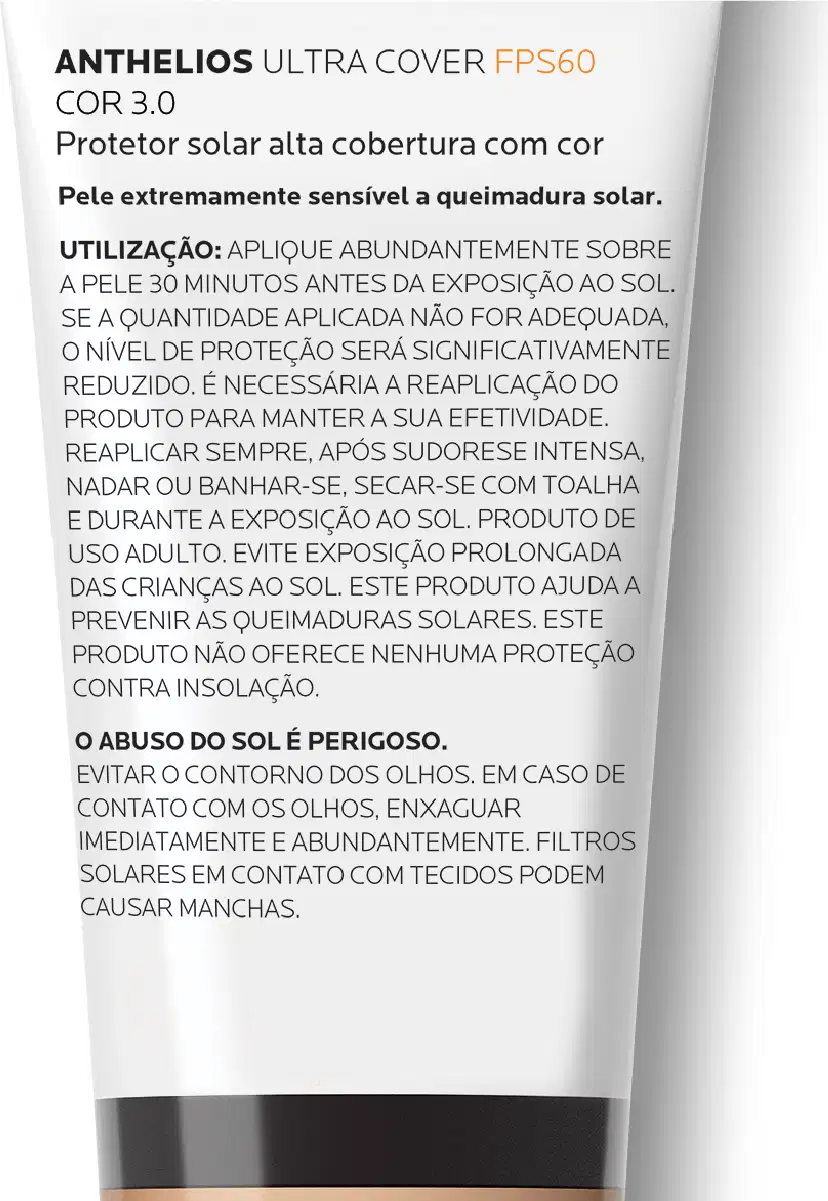 Embalagem de protetor solar em tubo branco com rótulo preto e laranja, indicando ser um produto da marca Anthelios com FPS 60 e cor 3.0. O rótulo descreve as características do produto e instruções de uso.