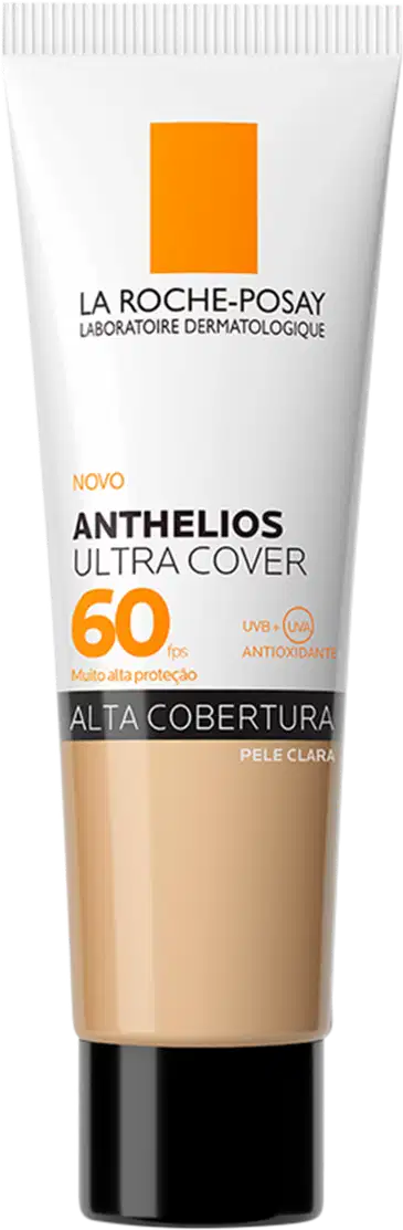 Tubo de protetor solar da marca La Roche-Posay, com embalagem branca e laranja, rotulado como "Anthelios Ultra Cover SPF 60", indicando alta proteção solar.