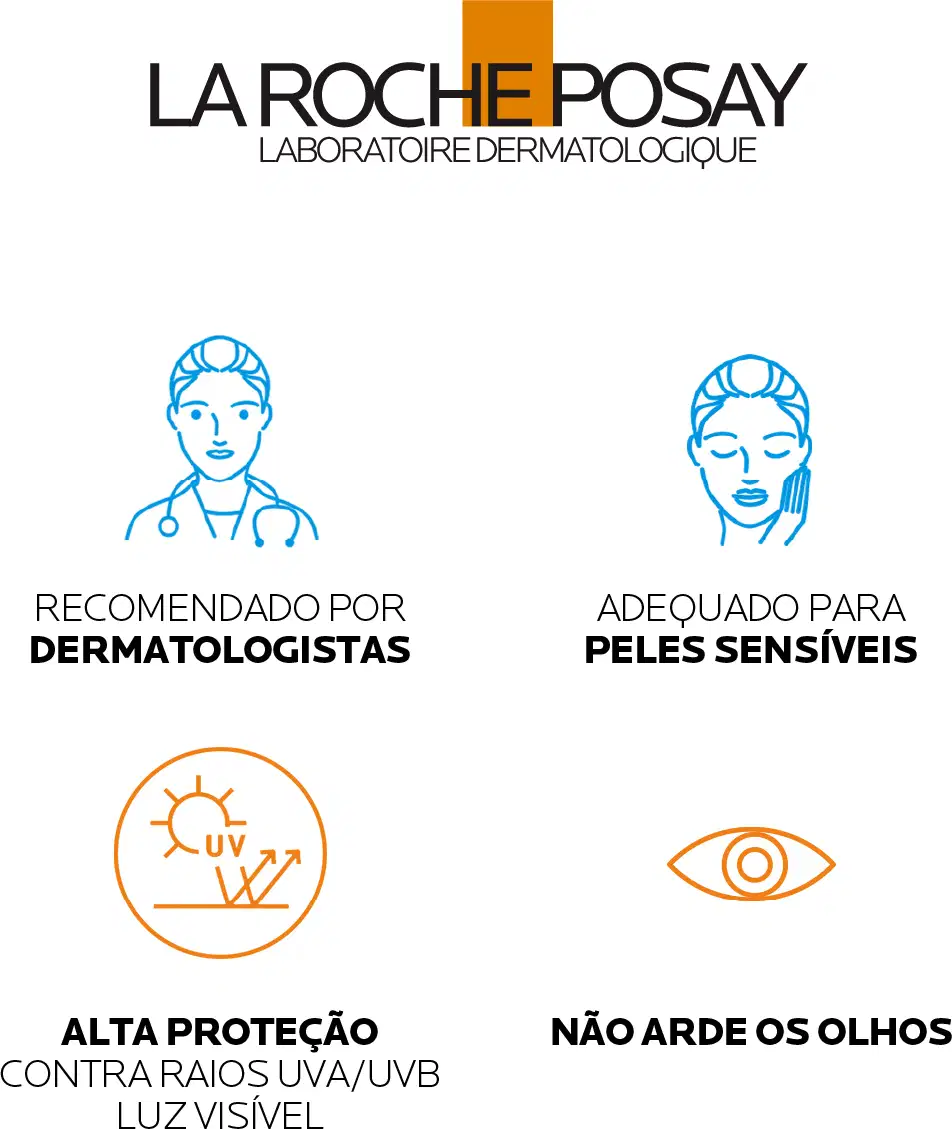LA ROCHE POSAY LABORATOIRE DERMATOLOGIQUE
RECOMENDADO POR DERMATOLOGISTAS
ADEQUADO PARA PELES SENSÍVEIS
ALTA PROTEÇÃO CONTRA RAIOS UVA/UVB LUZ VISÍVEL
NÃO ARDE OS OLHOS
