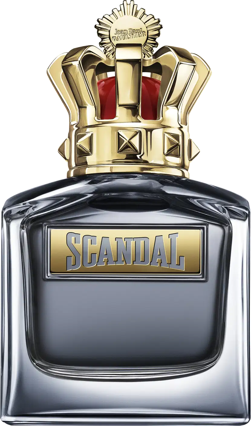 Frasco de perfume Jean Paul Gaultier Scandal, com design elegante em tons de preto e dourado. Embalagem com coroa dourada no topo, destacando o nome da fragrância em letras douradas.