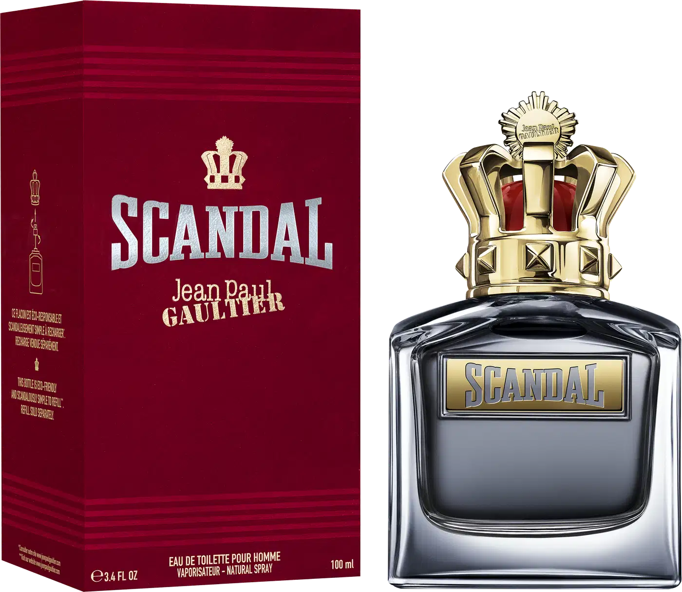 Frasco de perfume Jean Paul Gaultier Scandal, com design elegante em tons de preto e dourado. Embalagem com coroa dourada no topo, destacando o nome da fragrância em letras douradas.