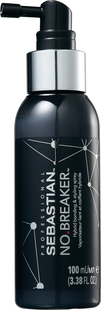 Produto de tratamento capilar Sebastian Professional No Breaker. Frasco preto e prata com 100 ml de capacidade. Embalagem cilíndrica com bico dosador preto.
