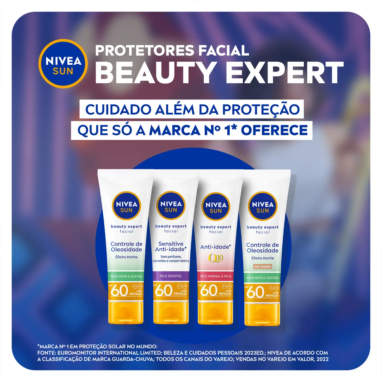 Quatro protetores solares faciais Beauty Expert da marca NIVEA Sun: Controle de Oleosidade Efeito Matte, Sensitive Anti-idade, Anti-idade Q10, e Controle de Oleosidade Efeito Matte com cor. Os tubos apresentam o fator de proteção solar 60.
