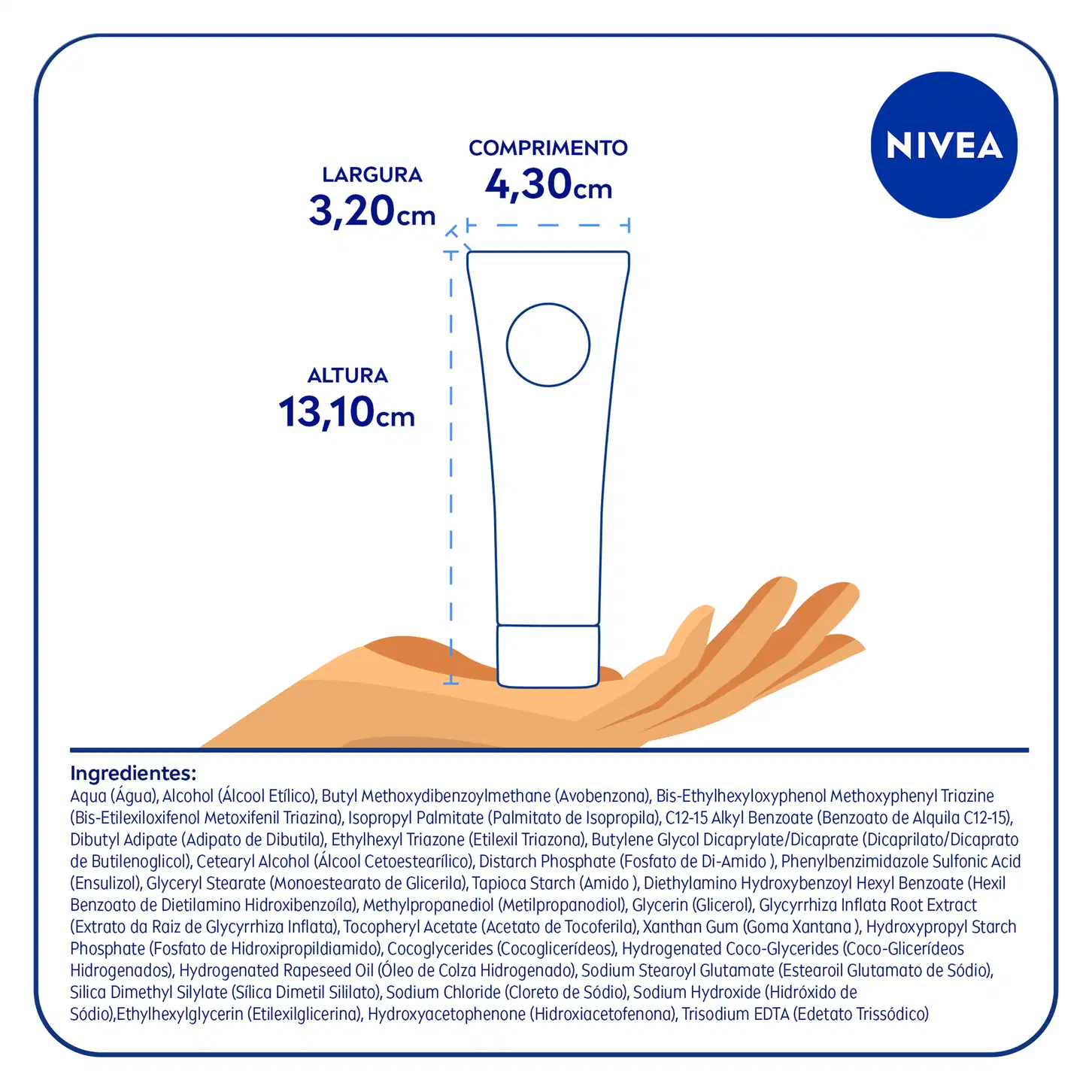 As dimensões do tubo são fornecidas: 13,10 cm de altura, 3,20 cm de largura e 4,30 cm de comprimento.