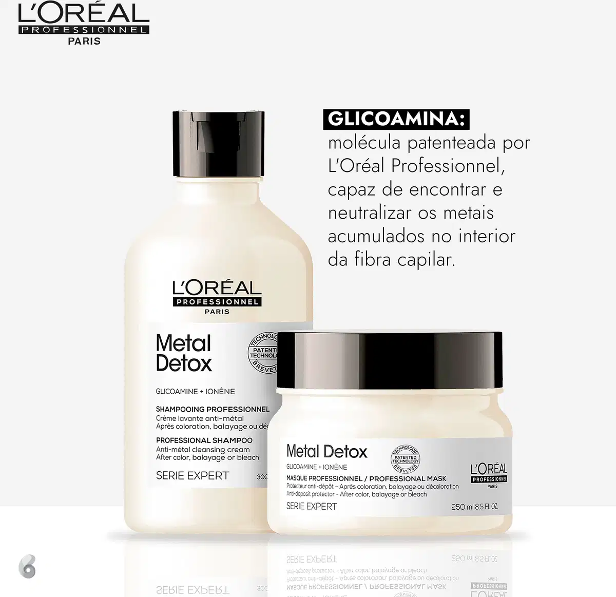 Produtos da linha Metal Detox da L'Oréal Professionnel, incluindo um frasco de shampoo e um pote de máscara, ambos com embalagem branca e preta com detalhes em prata.