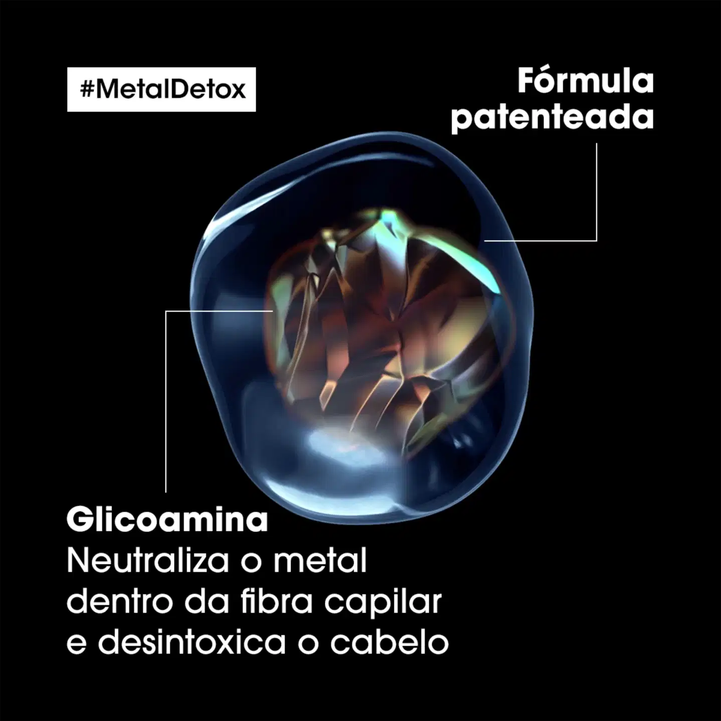Produto de beleza em embalagem preta com rótulo destacado em branco, contendo informações sobre a fórmula patenteada "Glicoamina" que neutraliza metais dentro da fibra capilar e desintoxica o cabelo. Hashtag "#MetalDetox" também presente.